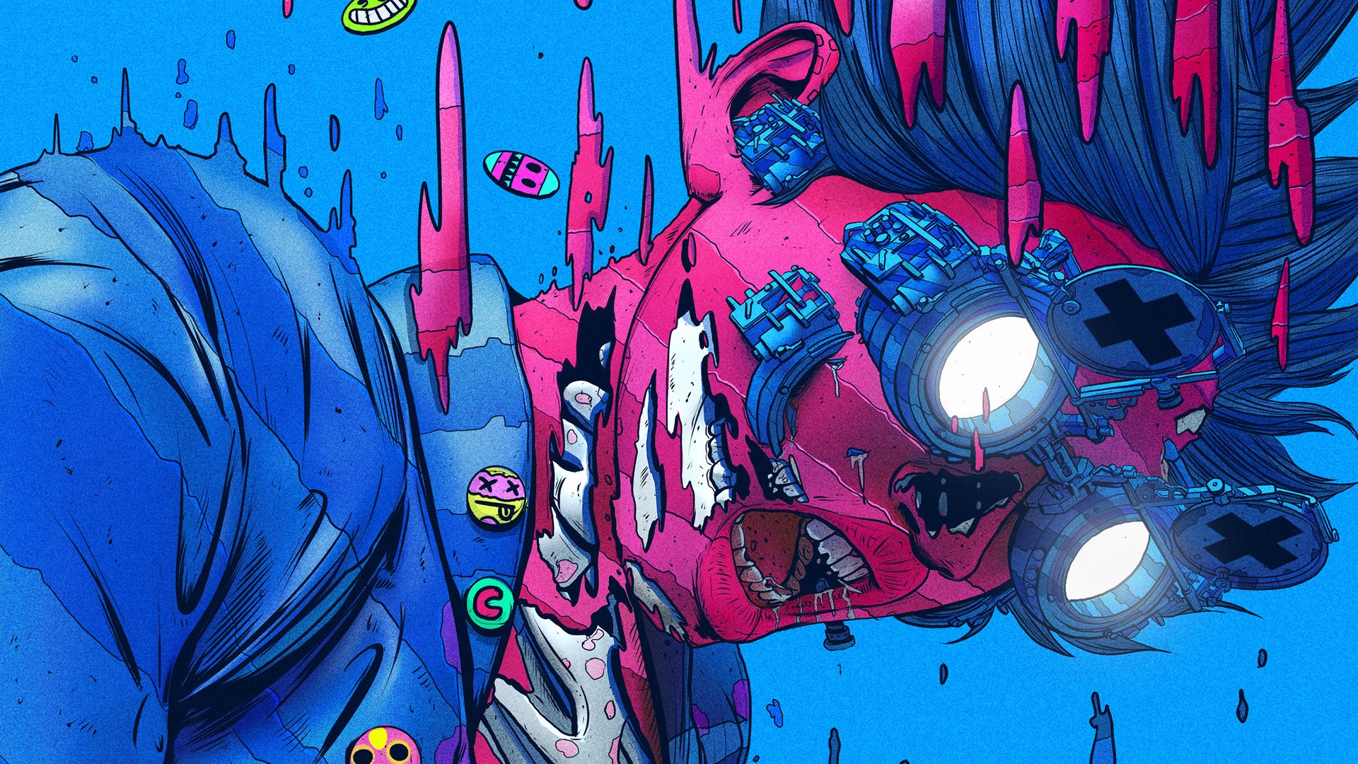 Cyberpunk character with mechanical goggles and pink skin HD Wallpaper