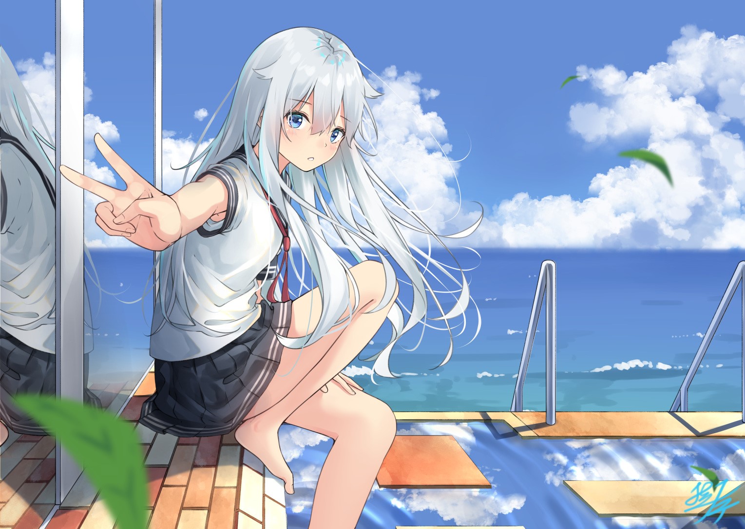 Anime girl with white hair by the pool HD Wallpaper