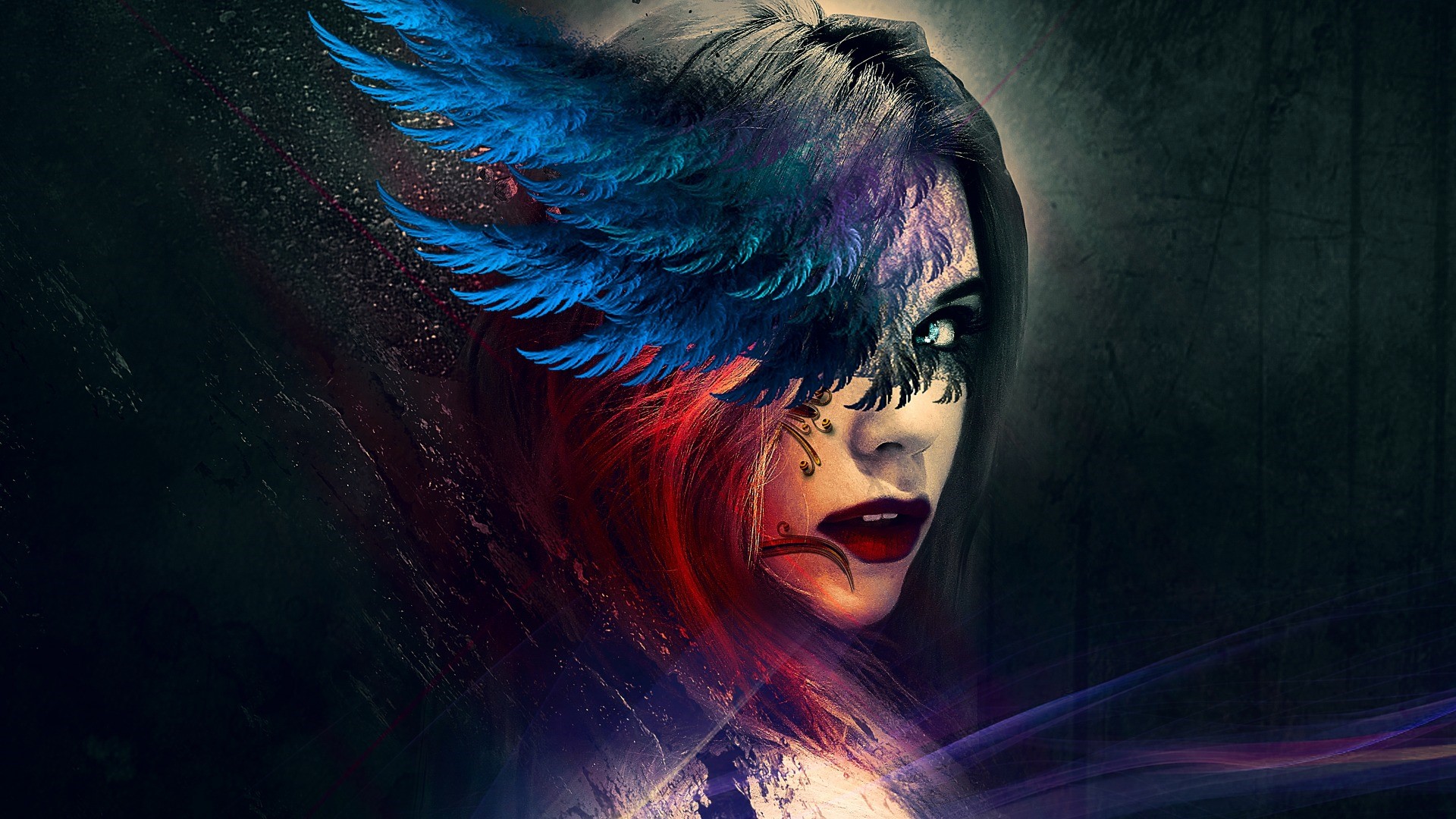 Woman with blue and purple feathers over face HD Wallpaper