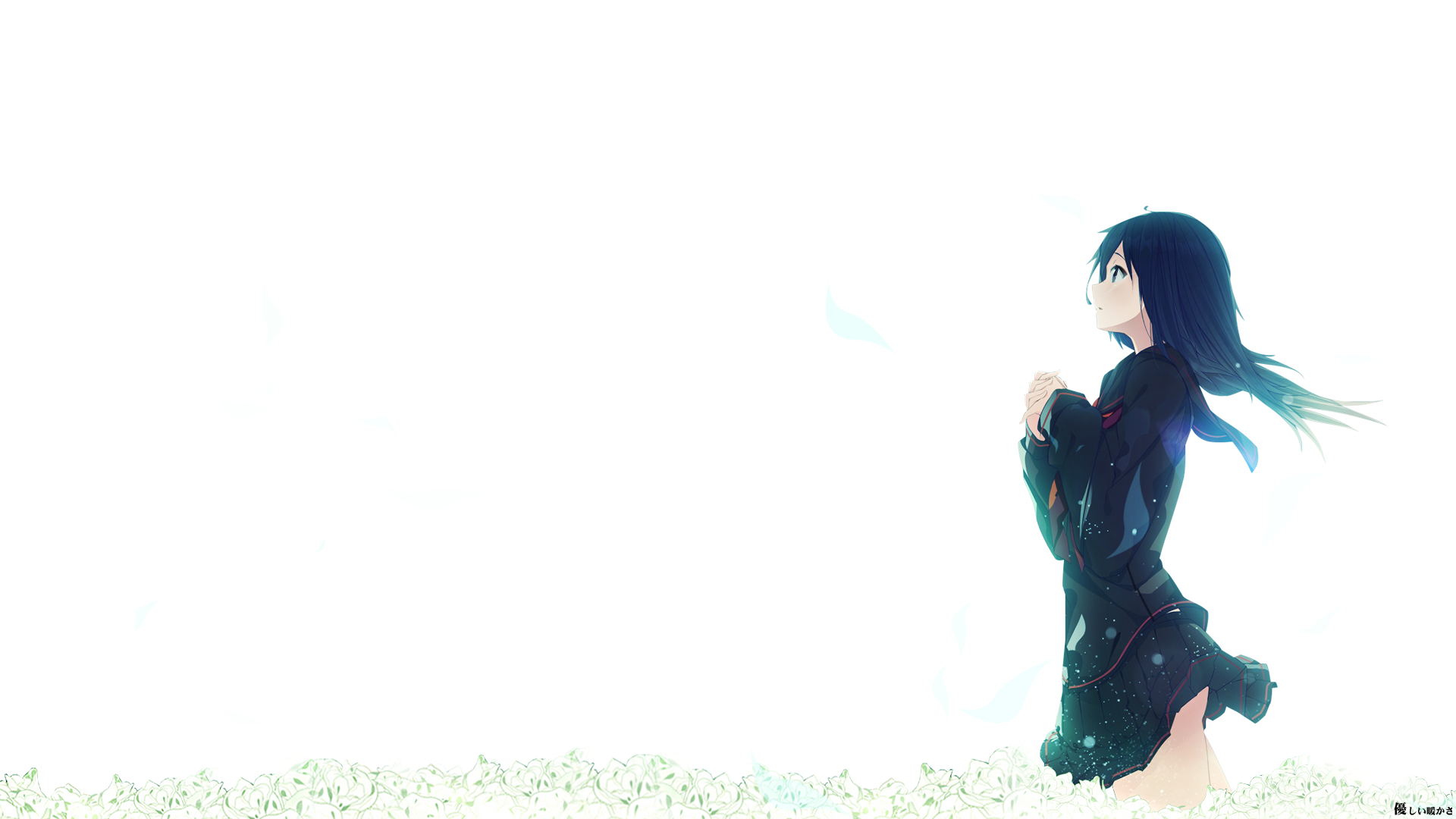Anime girl praying in a field of white flowers HD Wallpaper