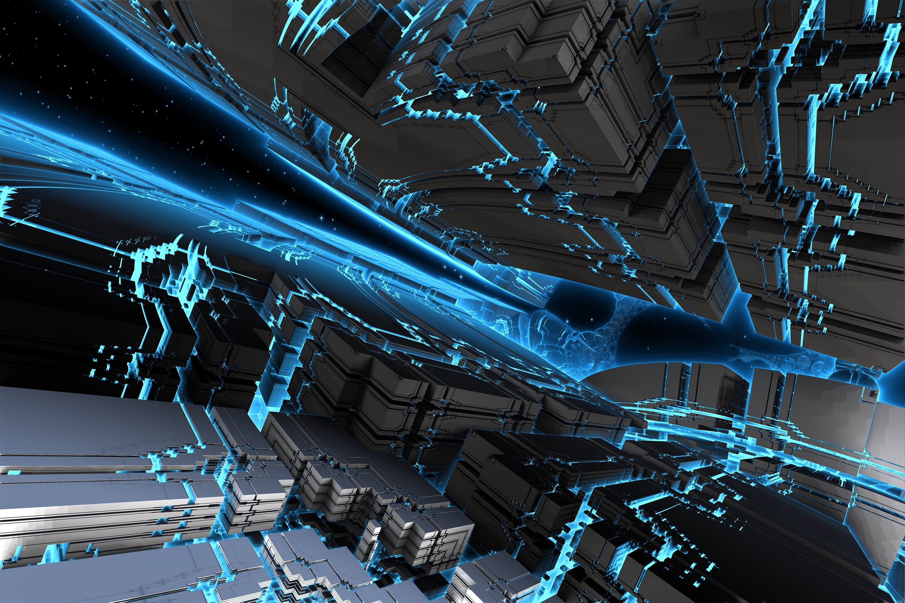 Abstract 3D fractal render with blue light HD Wallpaper
