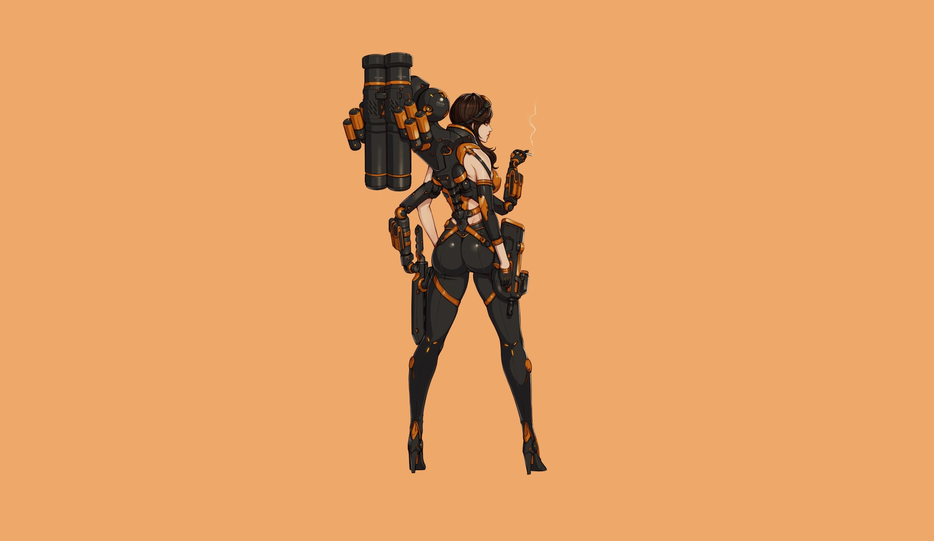 Woman with large weapon smoking cigarette HD Wallpaper