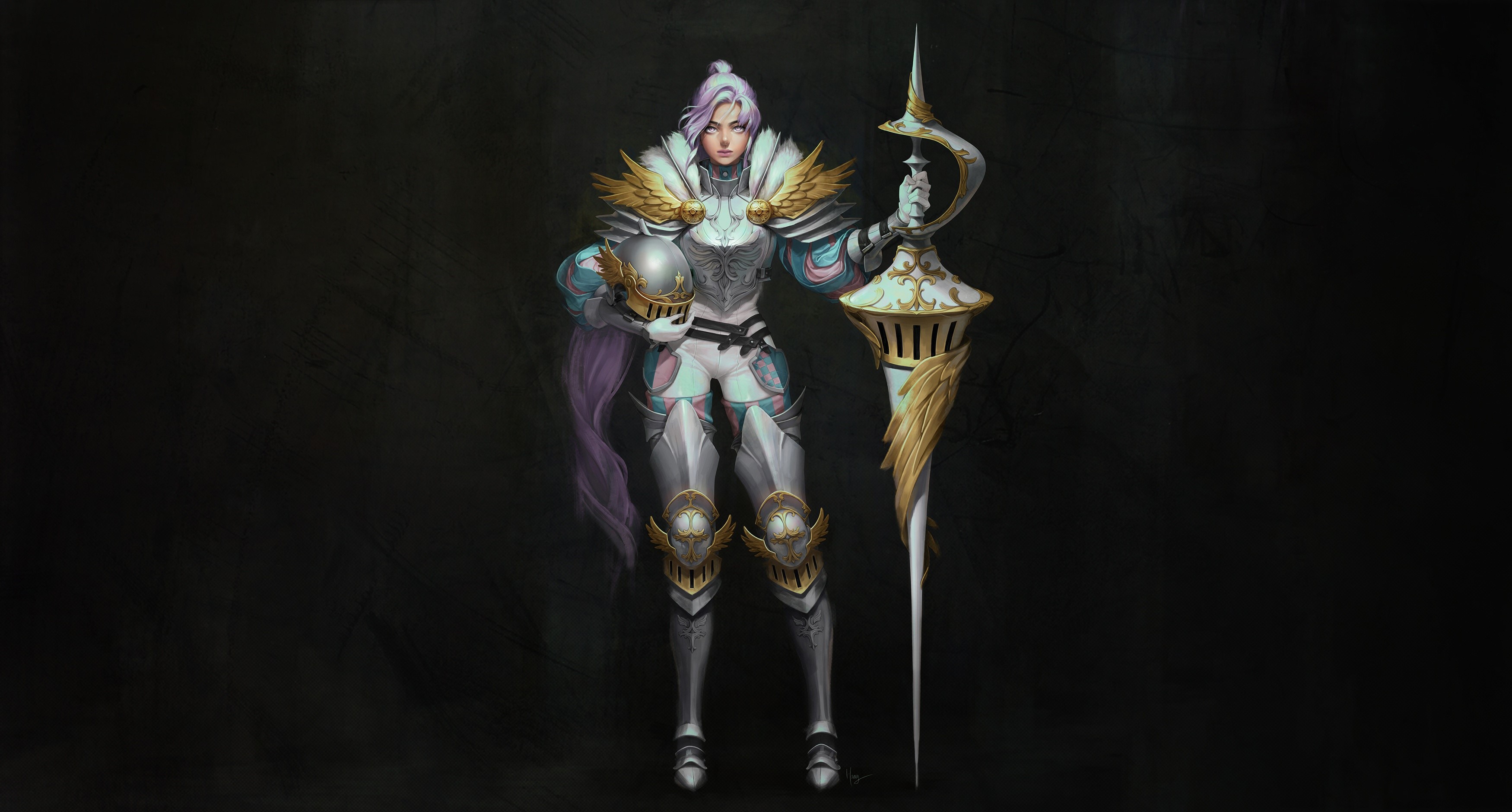 Fantasy knight with ornate armor and spear HD Wallpaper