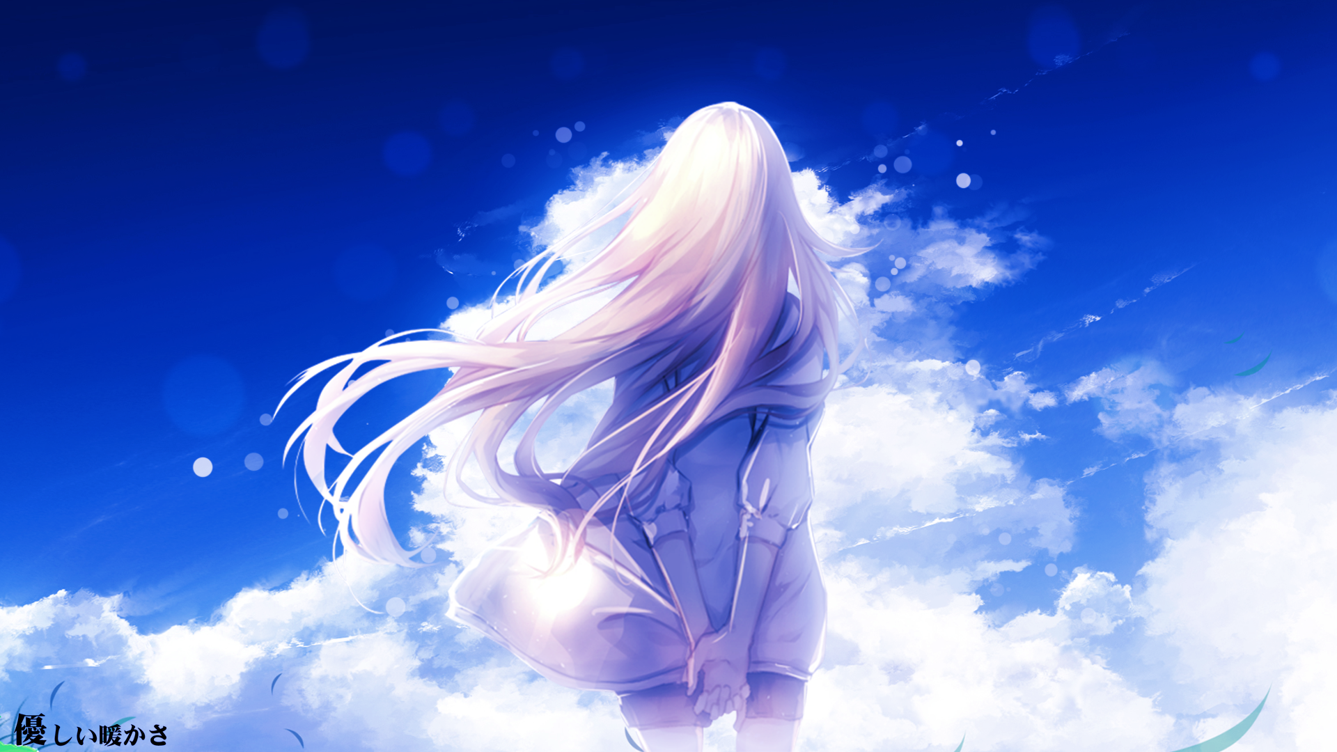 Anime girl with long blonde hair in a white hoodie against a blue sky with clouds HD Wallpaper
