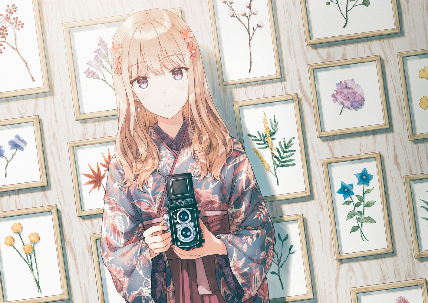 Anime girl in kimono holding a camera with framed flowers HD Wallpaper