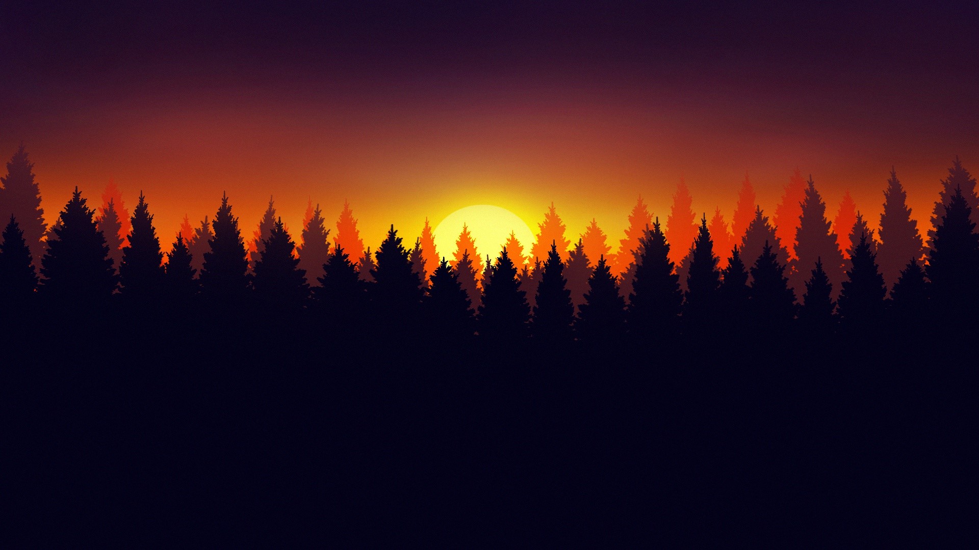 Sunset over a dark forest silhouette HD Wallpaper