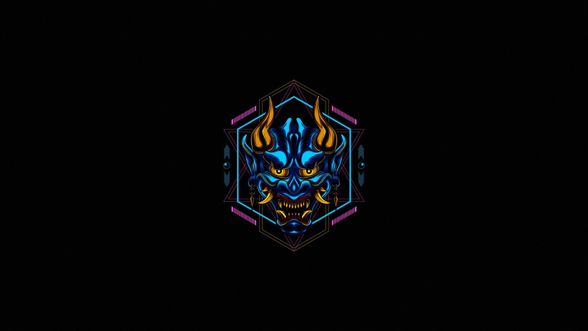 Blue Oni mask with geometric patterns on black background HD Wallpaper