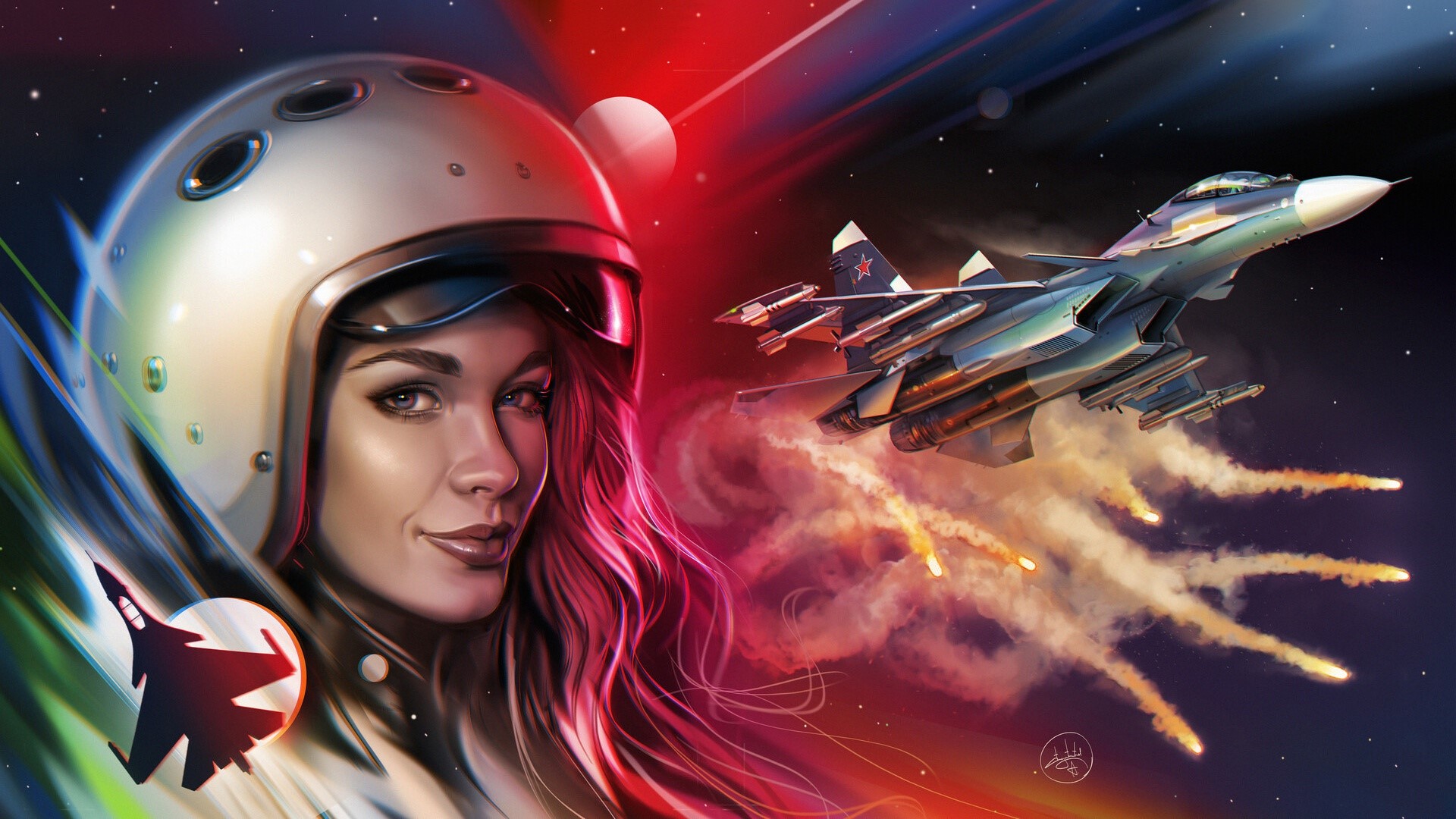 Woman pilot and Sukhoi Su-30SM fighter jet in space HD Wallpaper