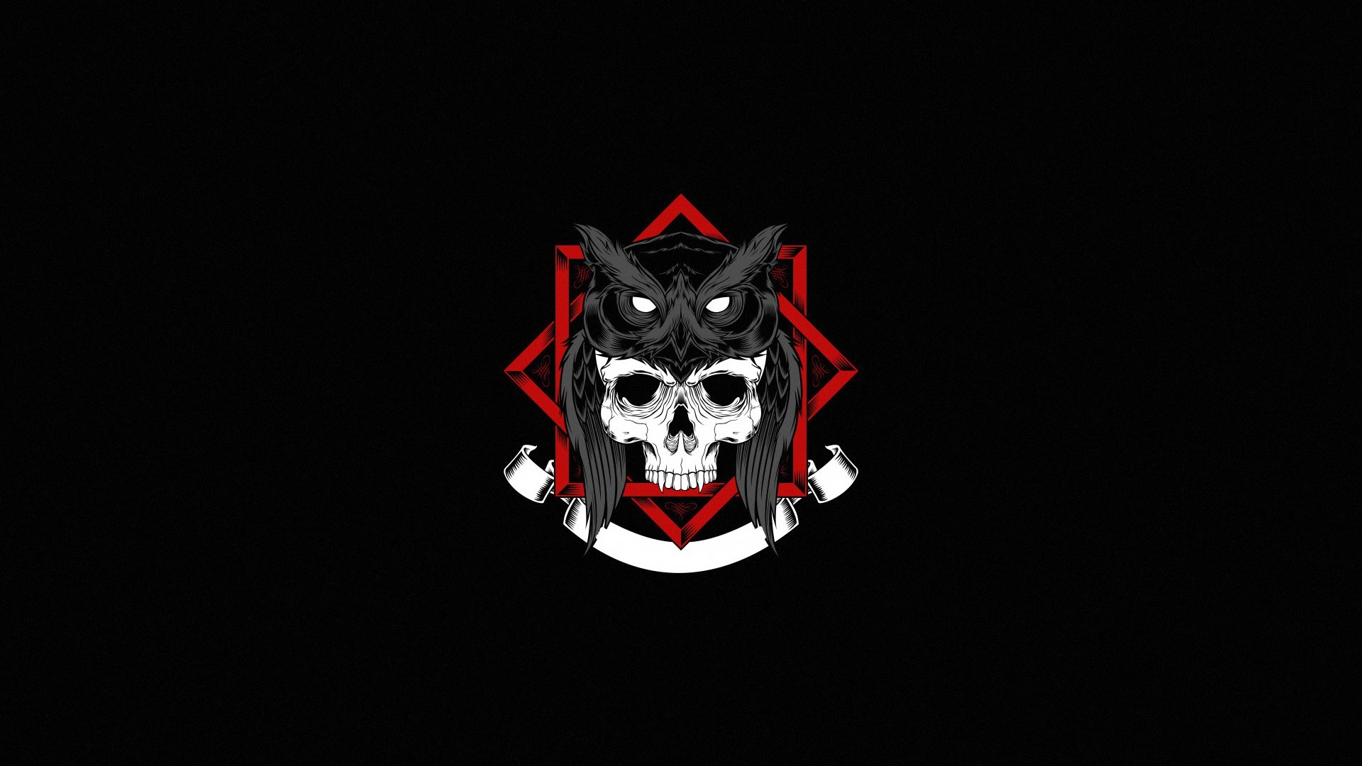 Skull with owl mask and red geometric background HD Wallpaper