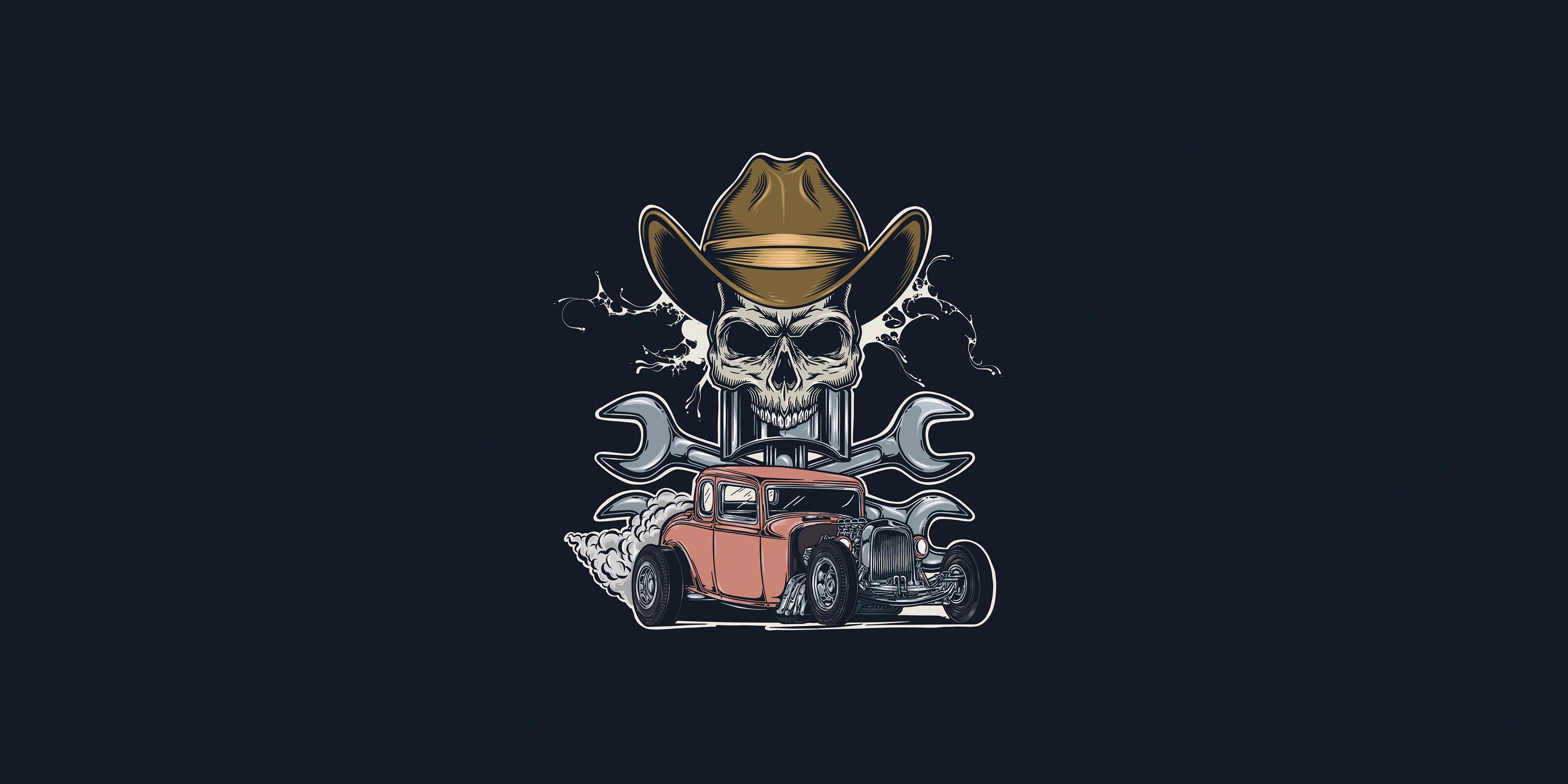 Skull with Cowboy Hat and Hot Rod Car Artwork HD Wallpaper
