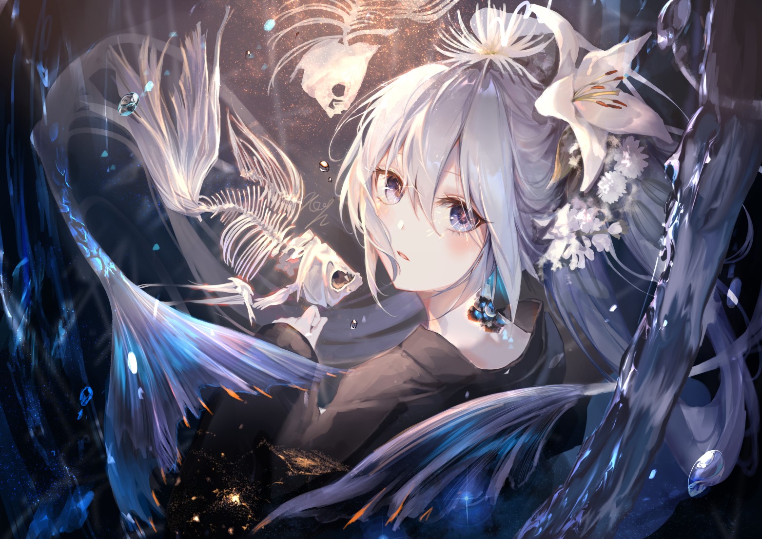 Anime girl with fish skeletons and mermaid tail HD Wallpaper