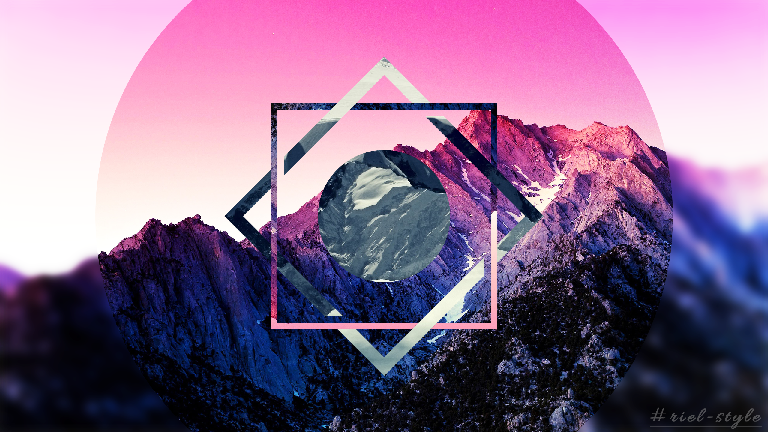 Geometric shapes over mountain landscape with pink sky HD Wallpaper
