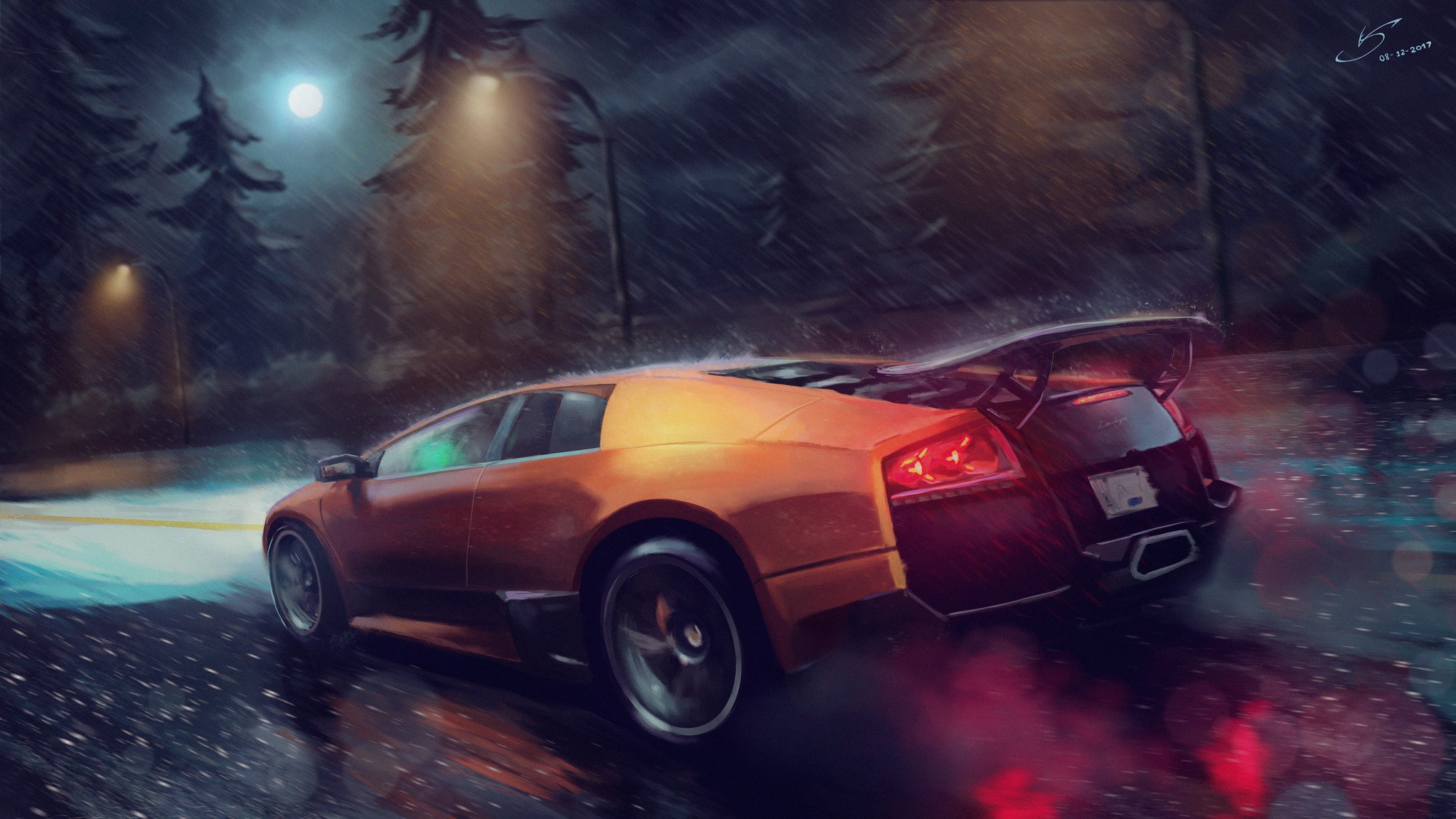 Orange Lamborghini Murcielago driving in the rain at night HD Wallpaper