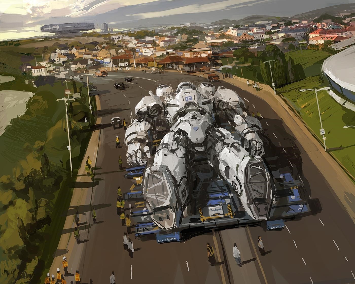 Giant robot transported on a highway through a city HD Wallpaper