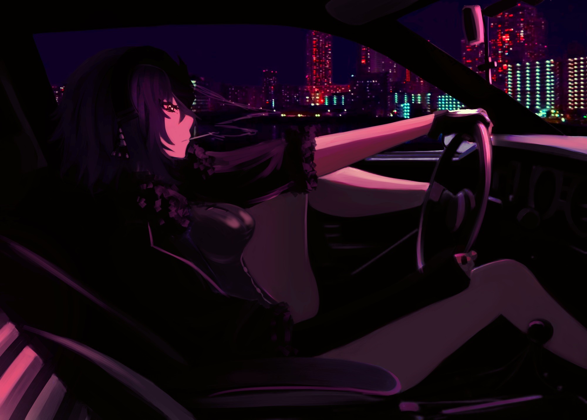 Jeanne d'Arc (Alter) from Fate/Grand Order driving a car at night HD Wallpaper