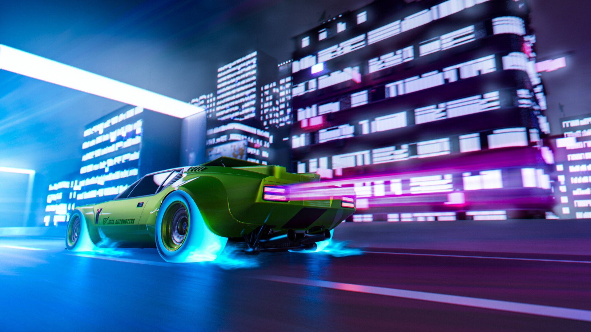 Green De Tomaso Pantera GTS driving through a neon city at night HD Wallpaper