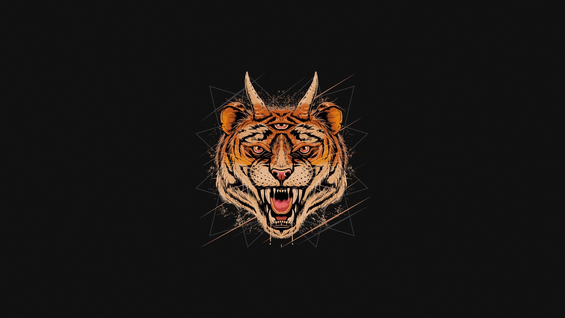 Tiger with horns and third eye on geometric background HD Wallpaper