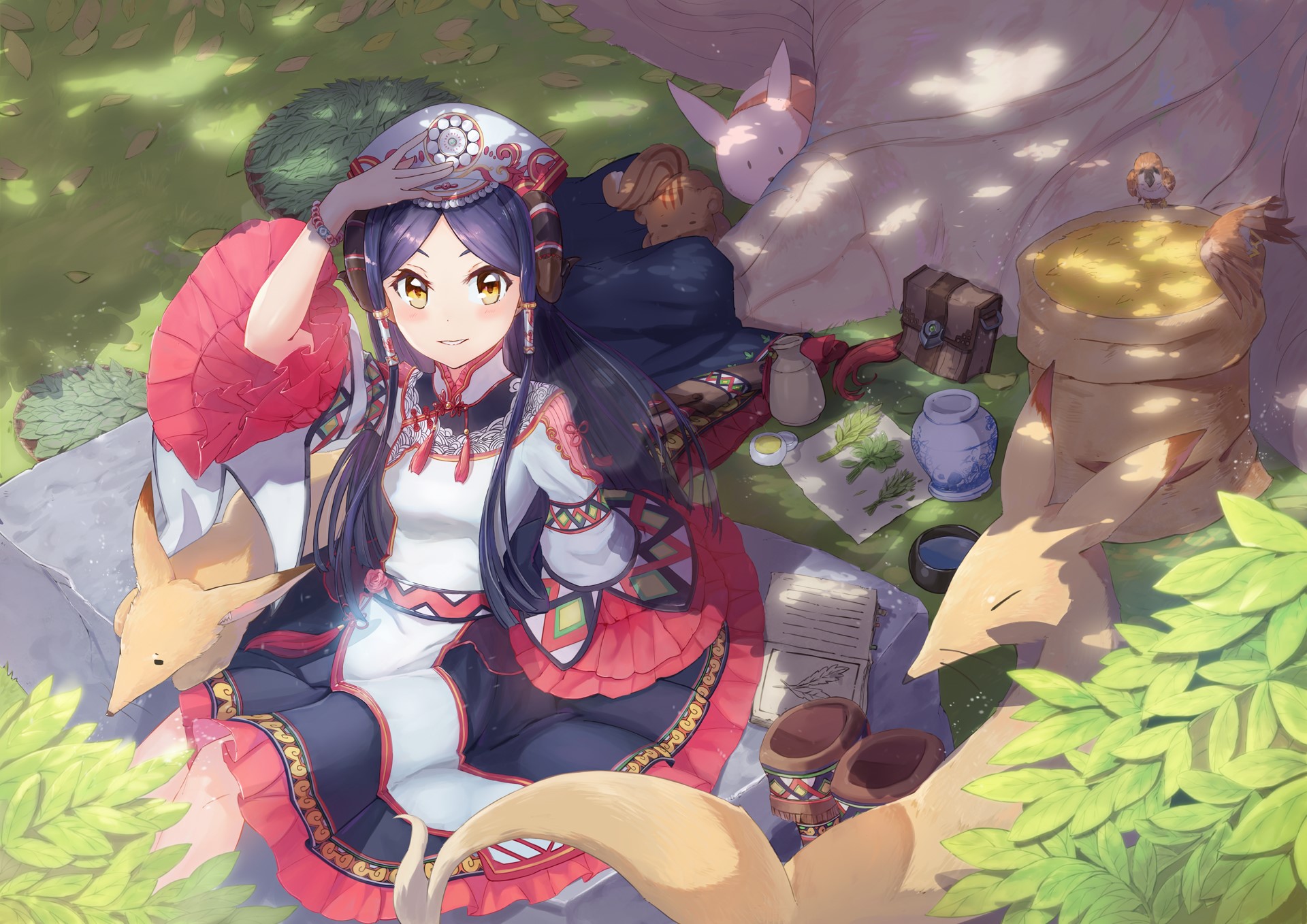 Anime girl with foxes and supplies under a tree HD Wallpaper