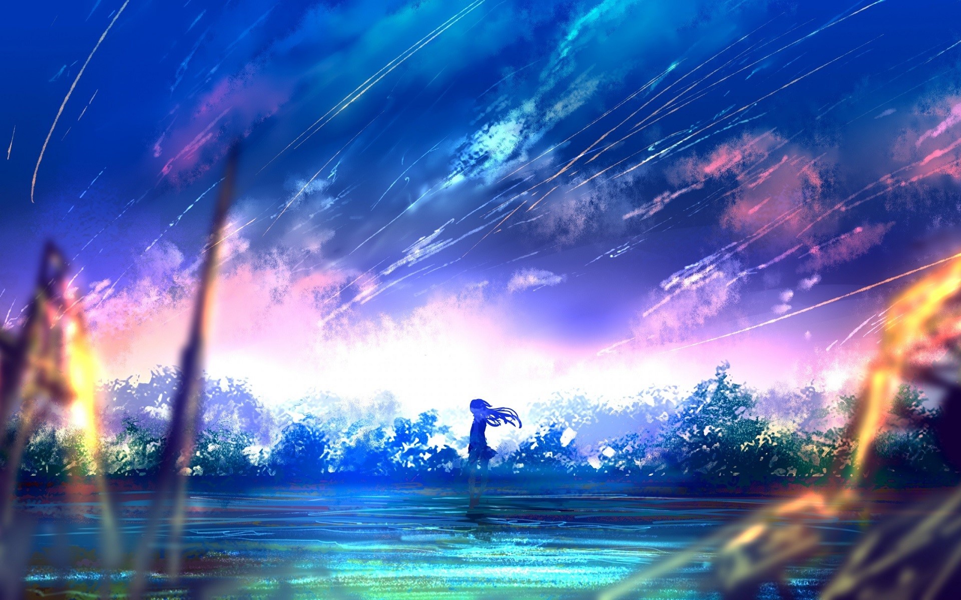 Anime artwork of a girl under a starry sky HD Wallpaper