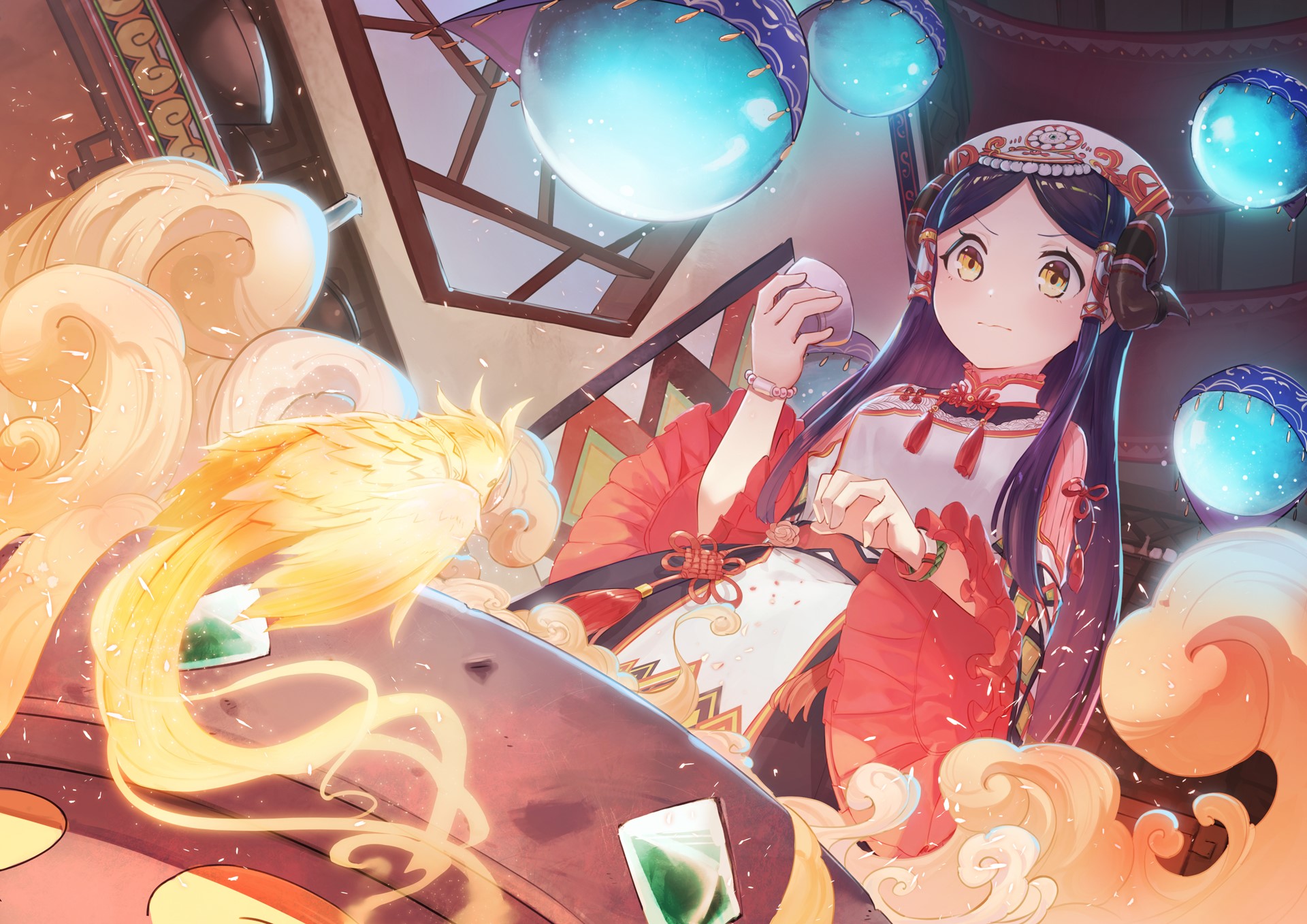 Anime girl with yellow bird and glowing orbs HD Wallpaper