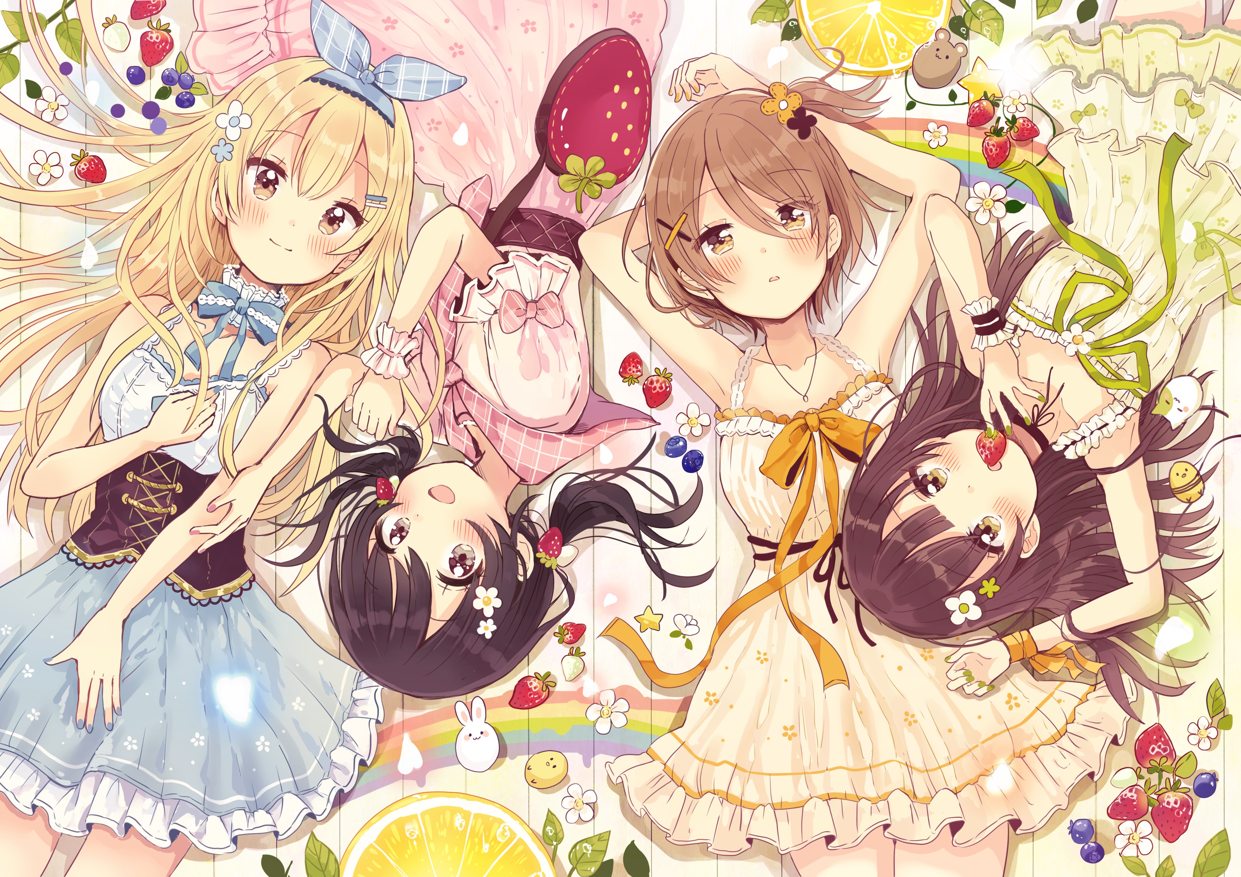 Anime girls with fruits and flowers HD Wallpaper