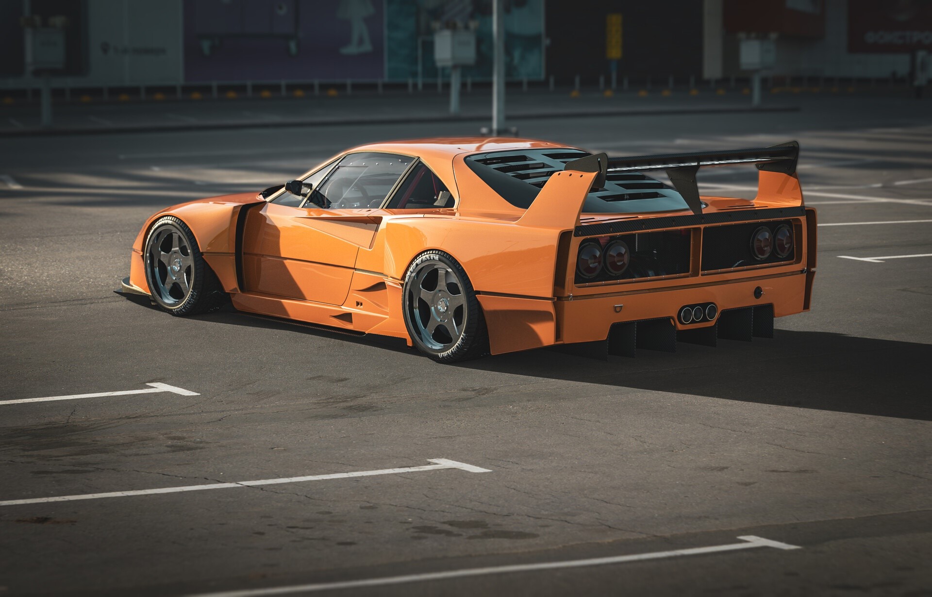 Orange Ferrari F40 in a parking lot HD Wallpaper