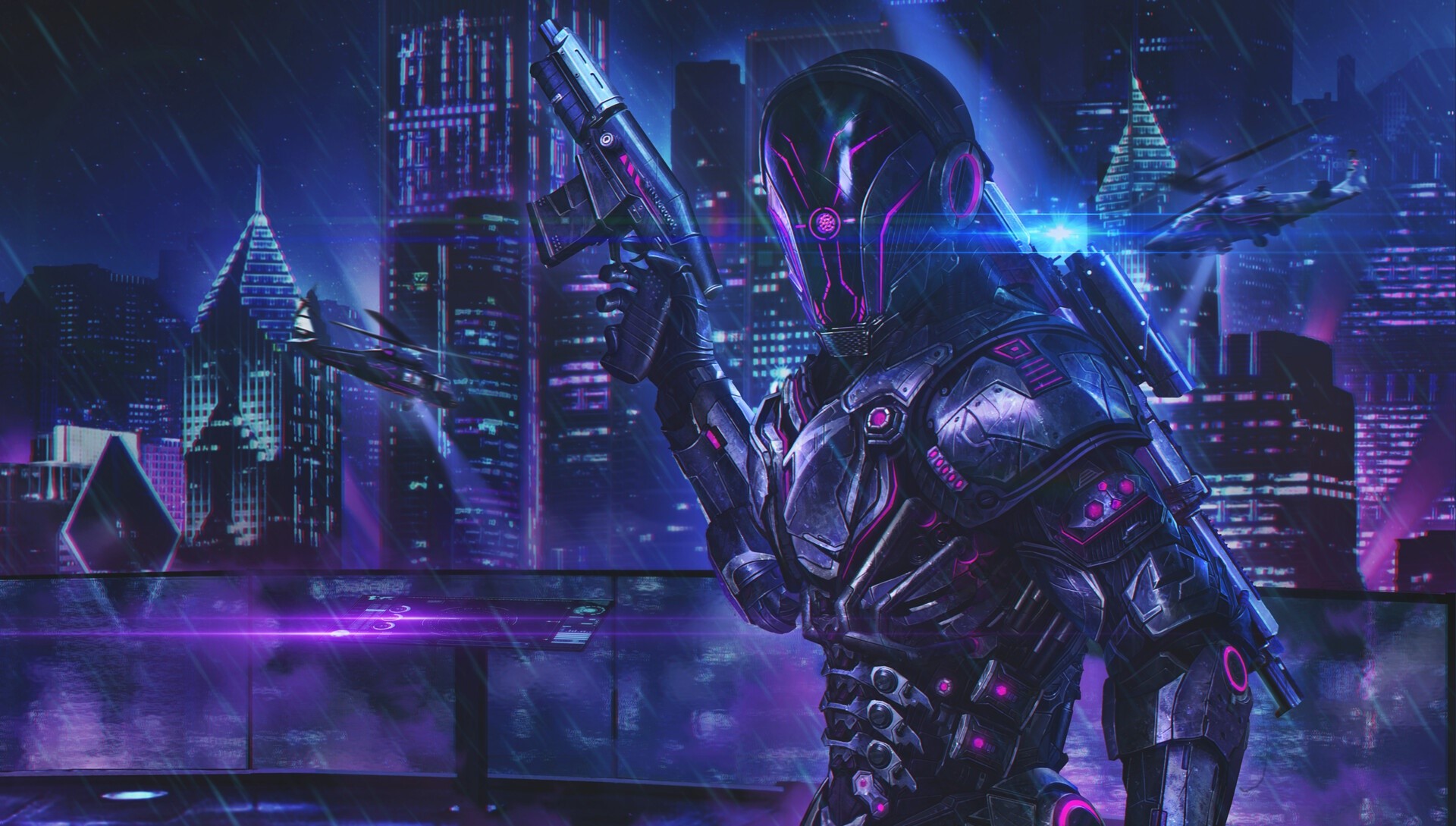 Cyberpunk soldier with a gun in a futuristic city HD Wallpaper