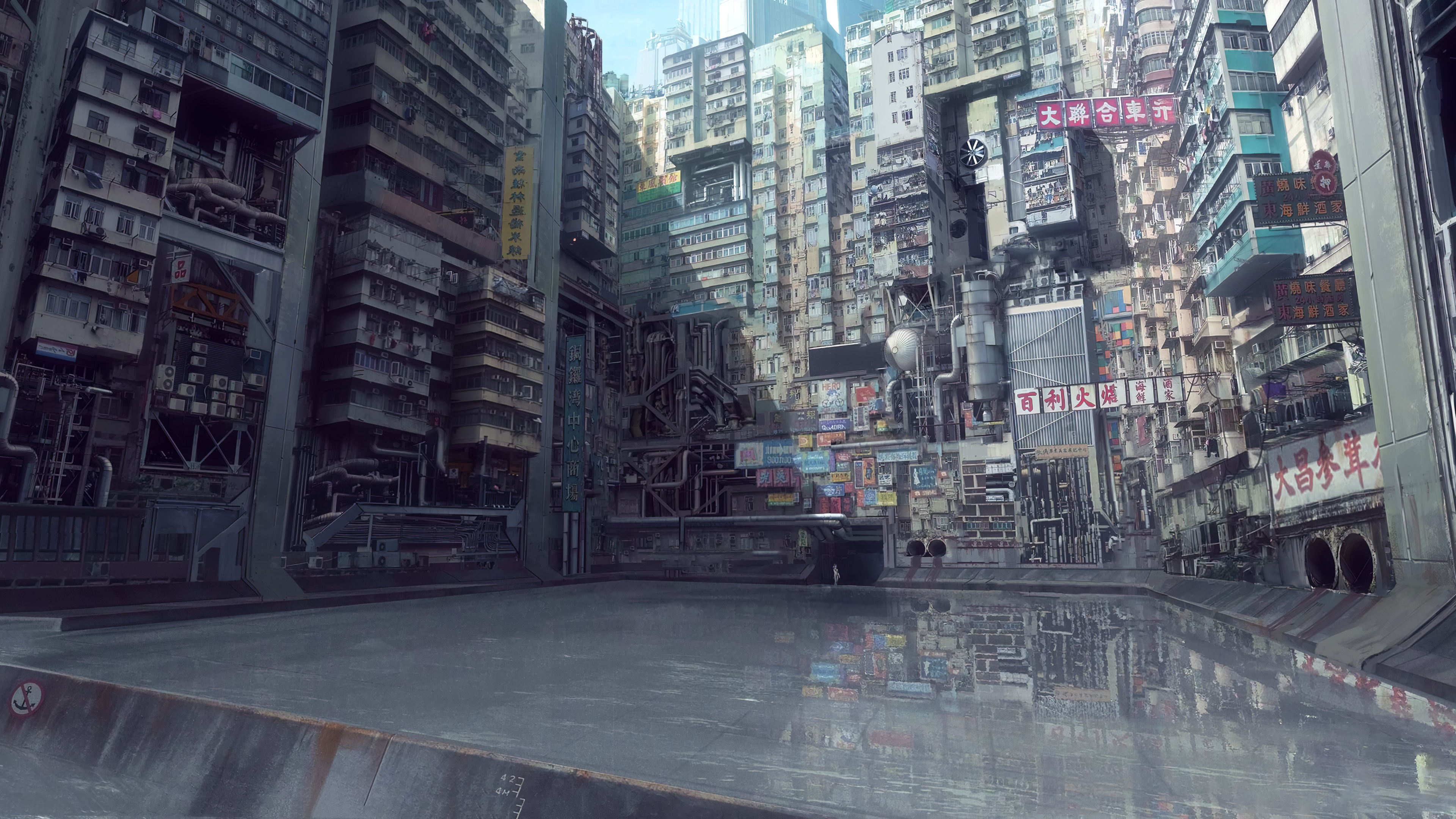 4K digital art of a futuristic Hong Kong cityscape with water HD Wallpaper