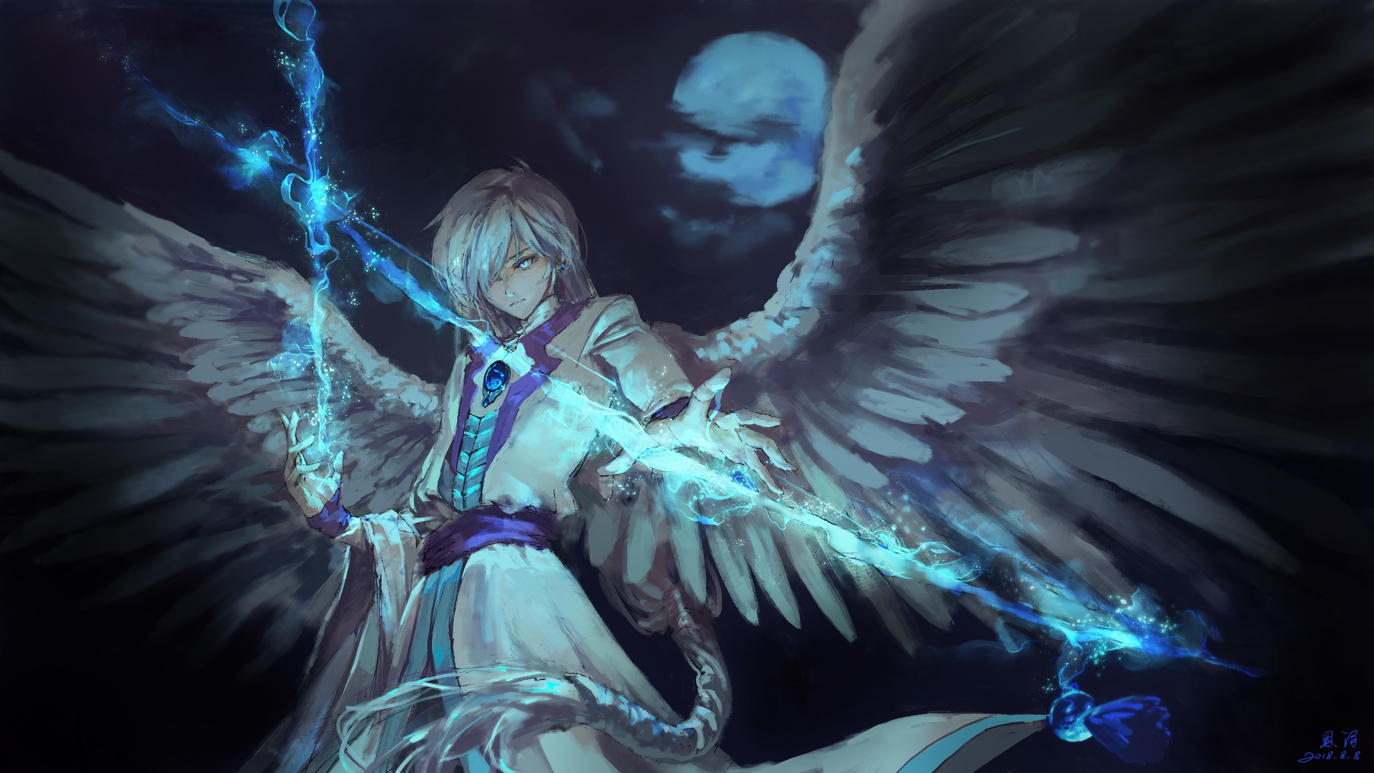 Angel with Wings and Staff in Moonlight HD Wallpaper