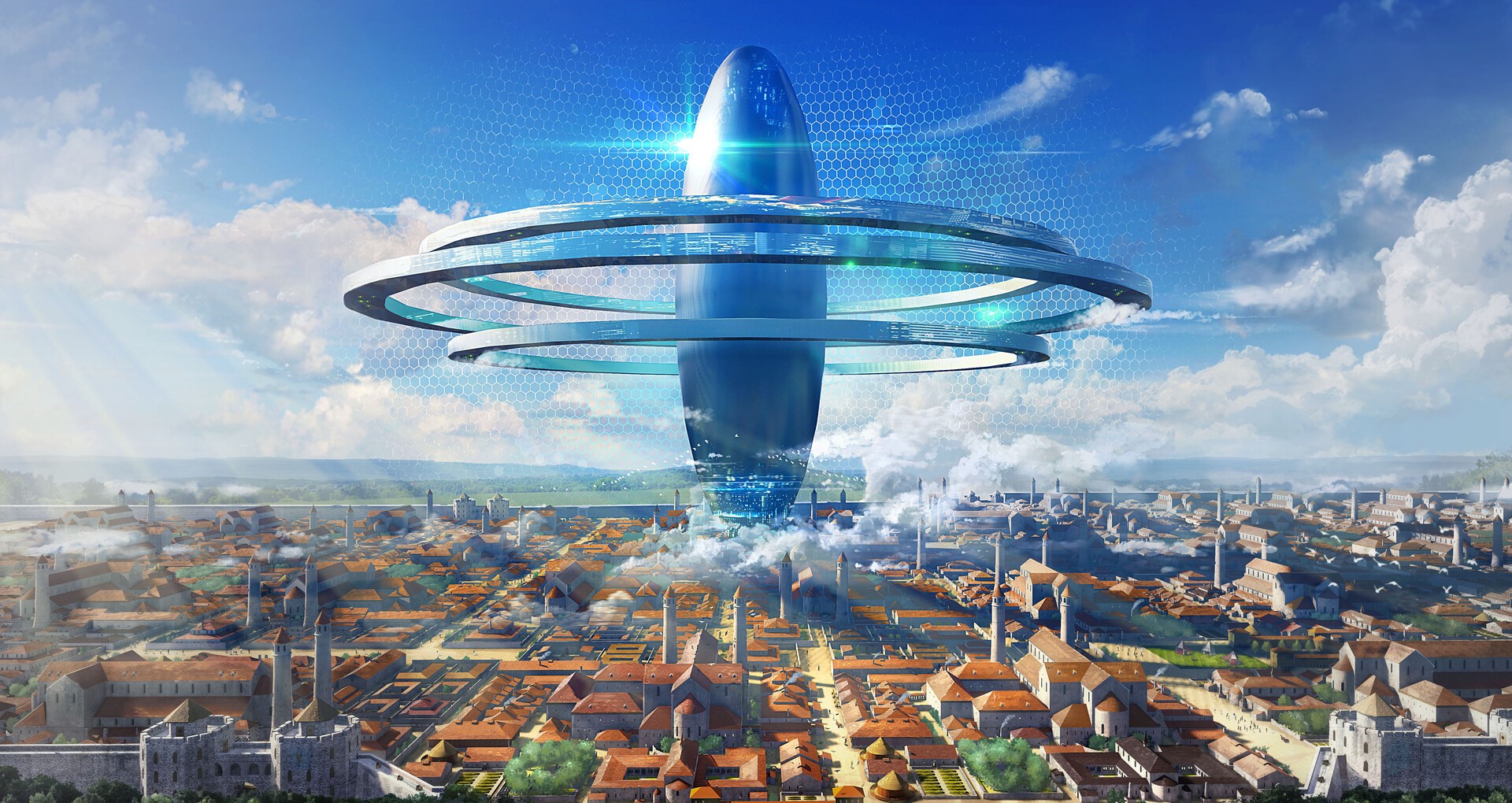 Science fiction city with a futuristic tower and rings HD Wallpaper