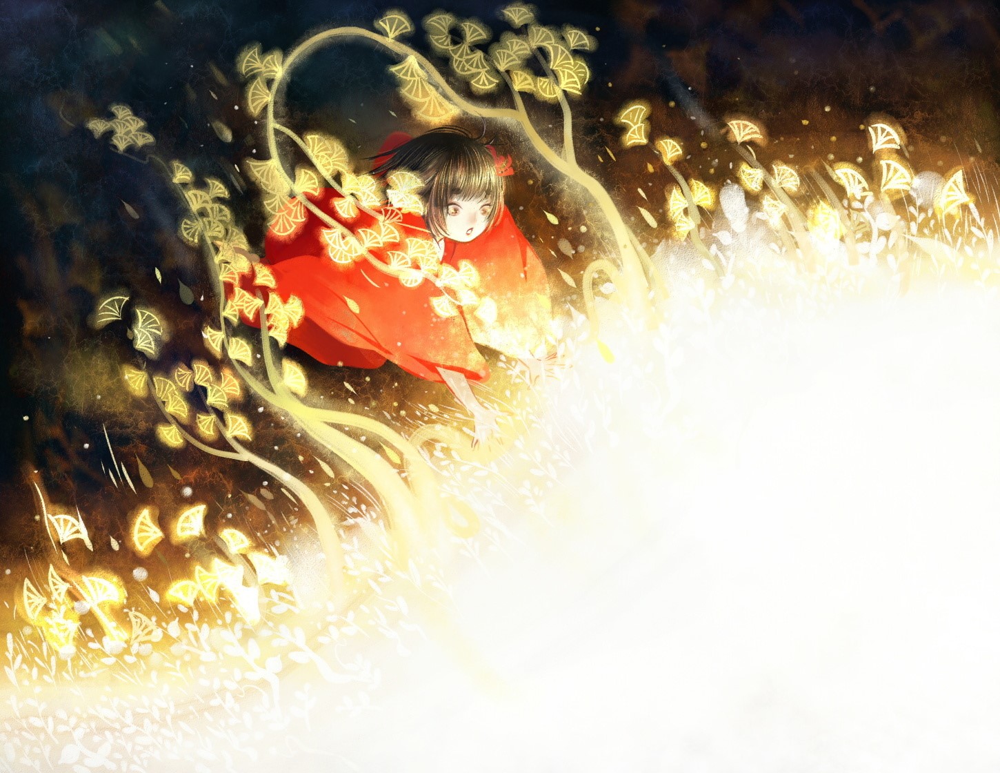 Anime girl in red kimono with glowing leaves HD Wallpaper