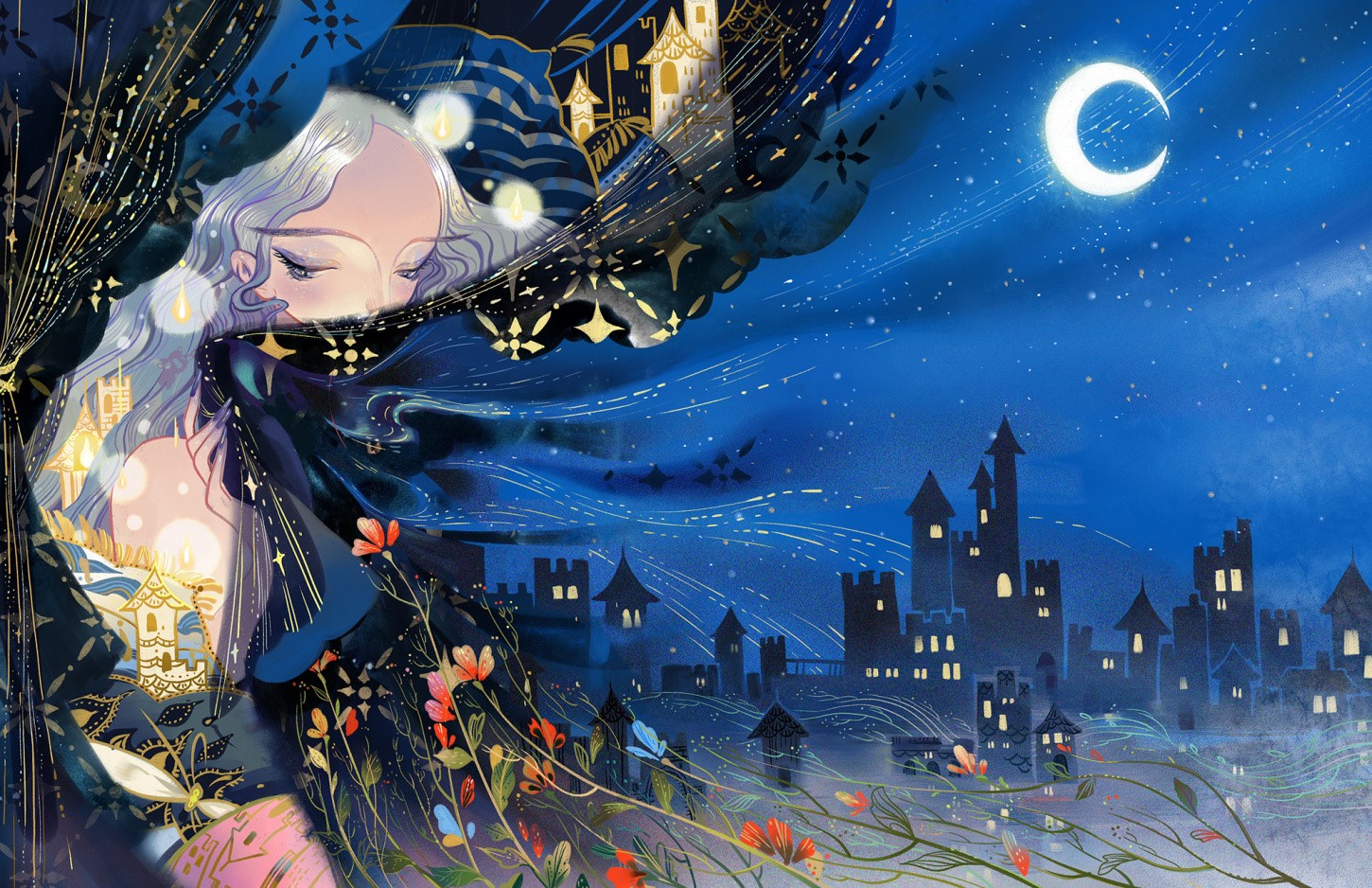 Anime girl with flowing hair and a cityscape under the moon HD Wallpaper