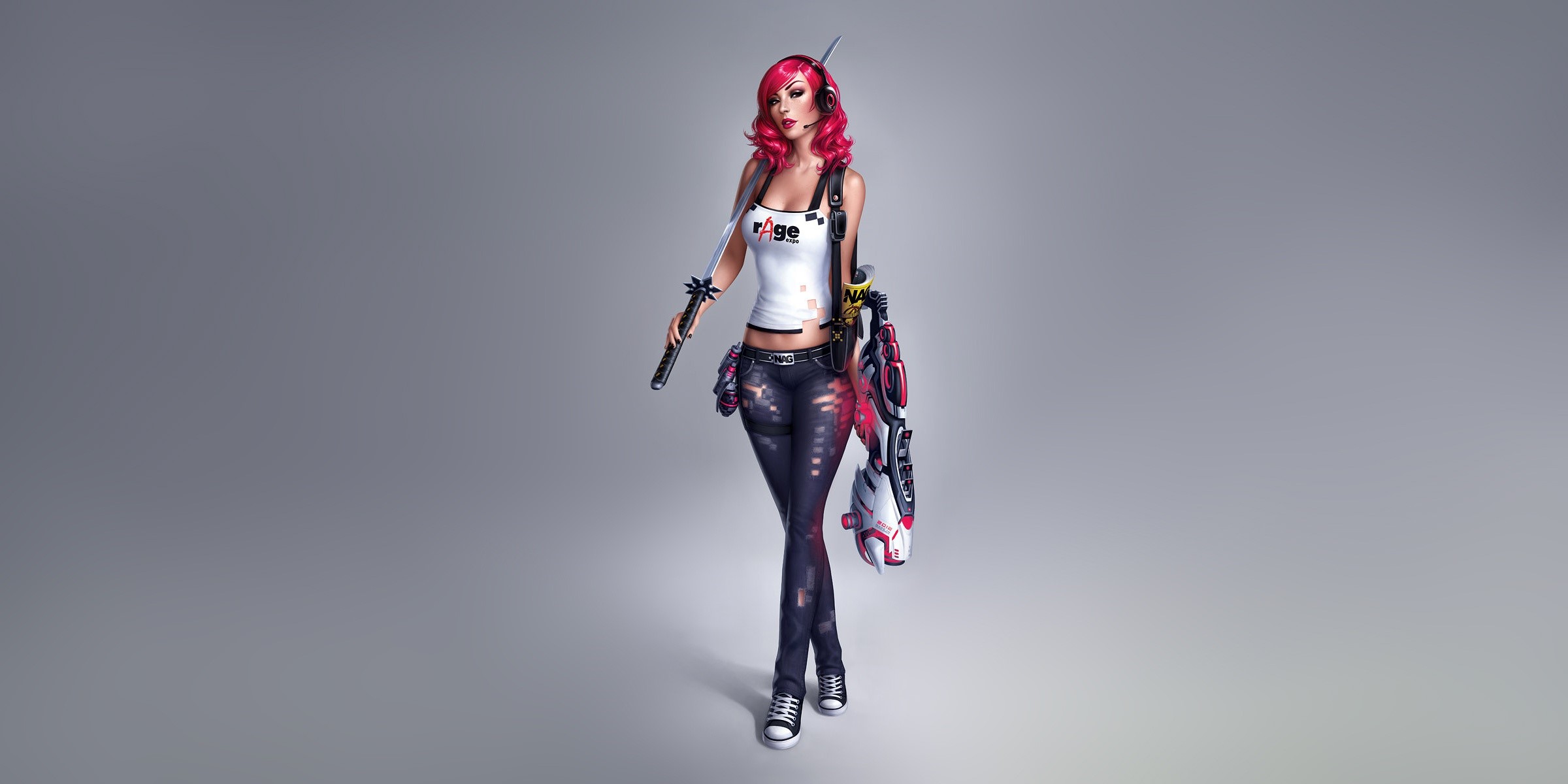 Artwork of a woman with pink hair holding a sword HD Wallpaper