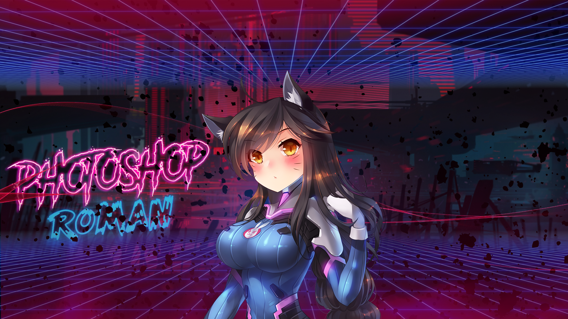 Anime girl with cat ears in D.Va costume, Photoshop Roman HD Wallpaper