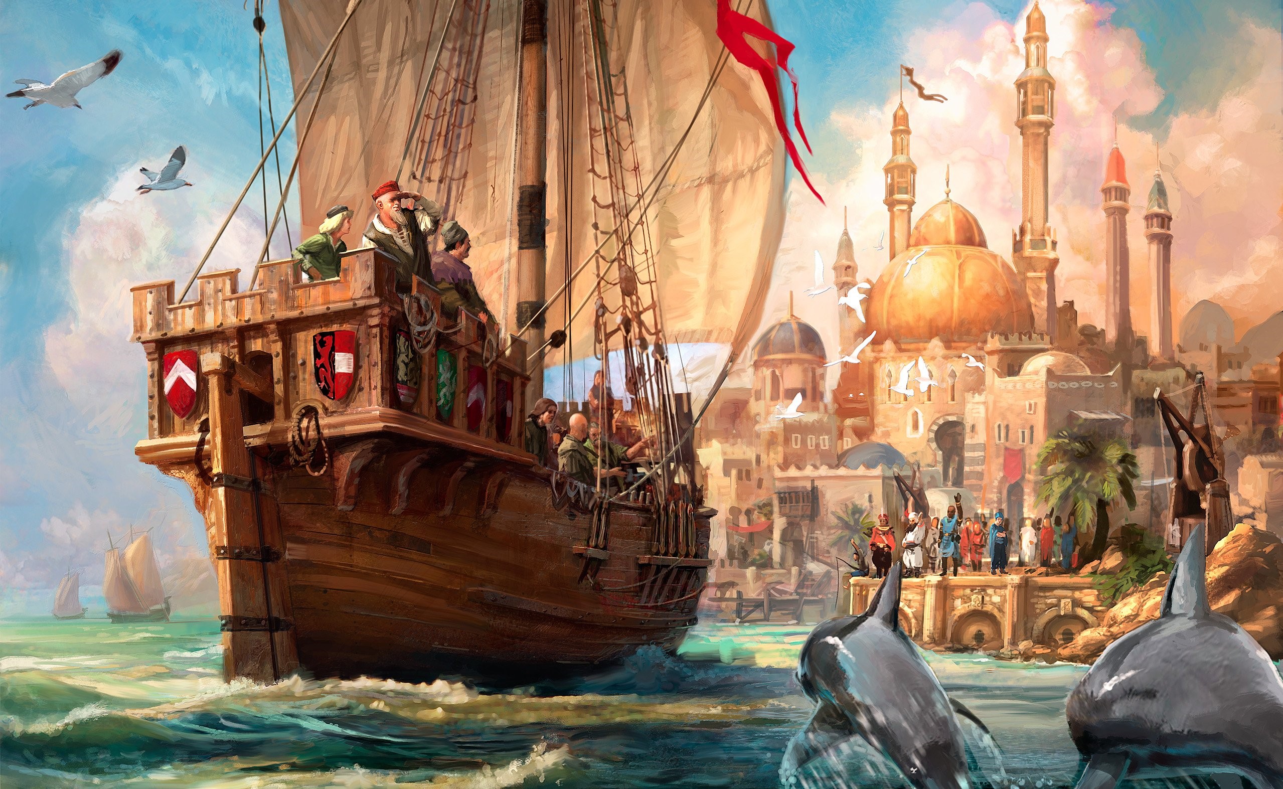 Sailing ship arriving at Anno 1404 port with dolphins HD Wallpaper