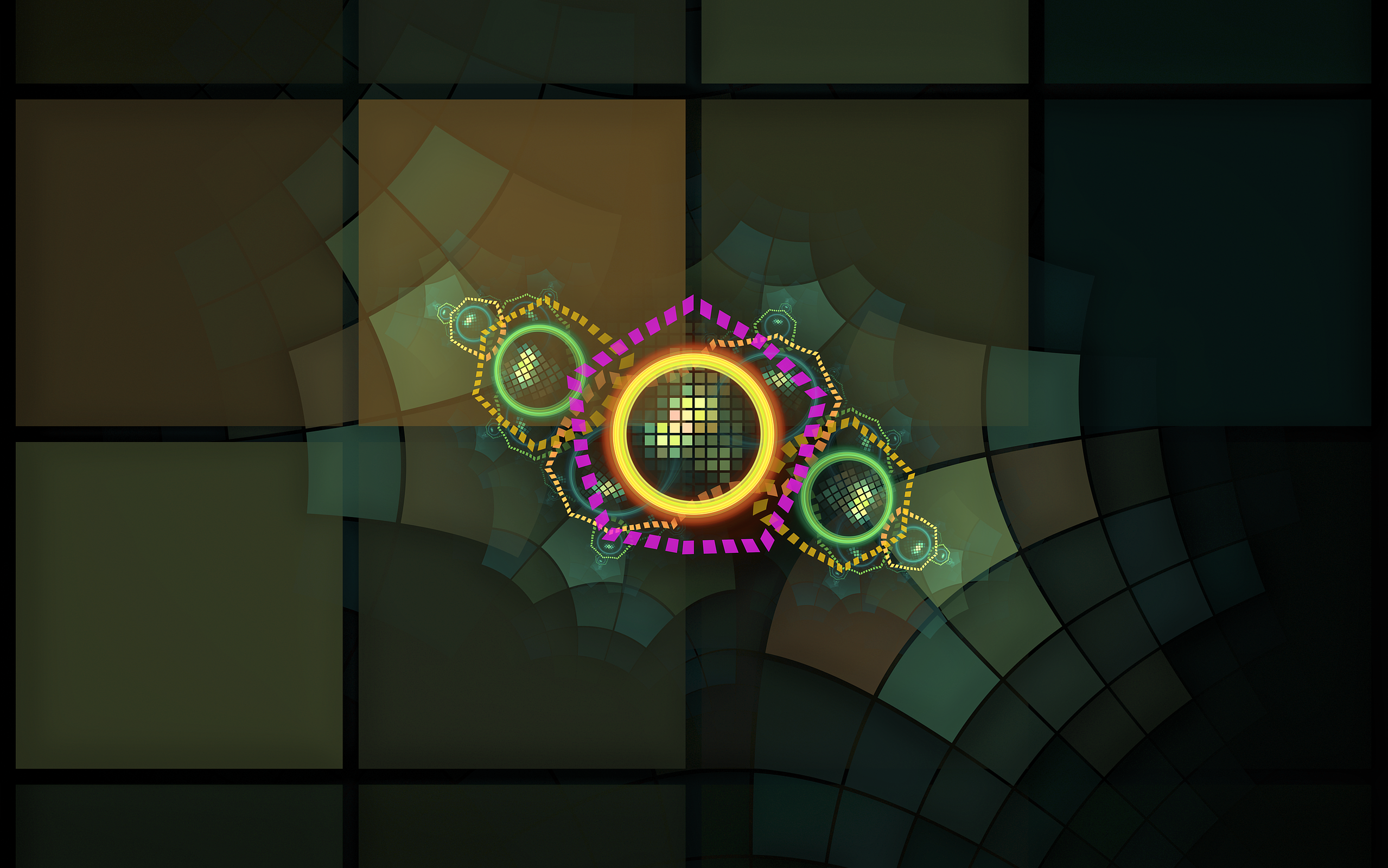 Abstract fractal art with geometric shapes and glowing circles HD Wallpaper