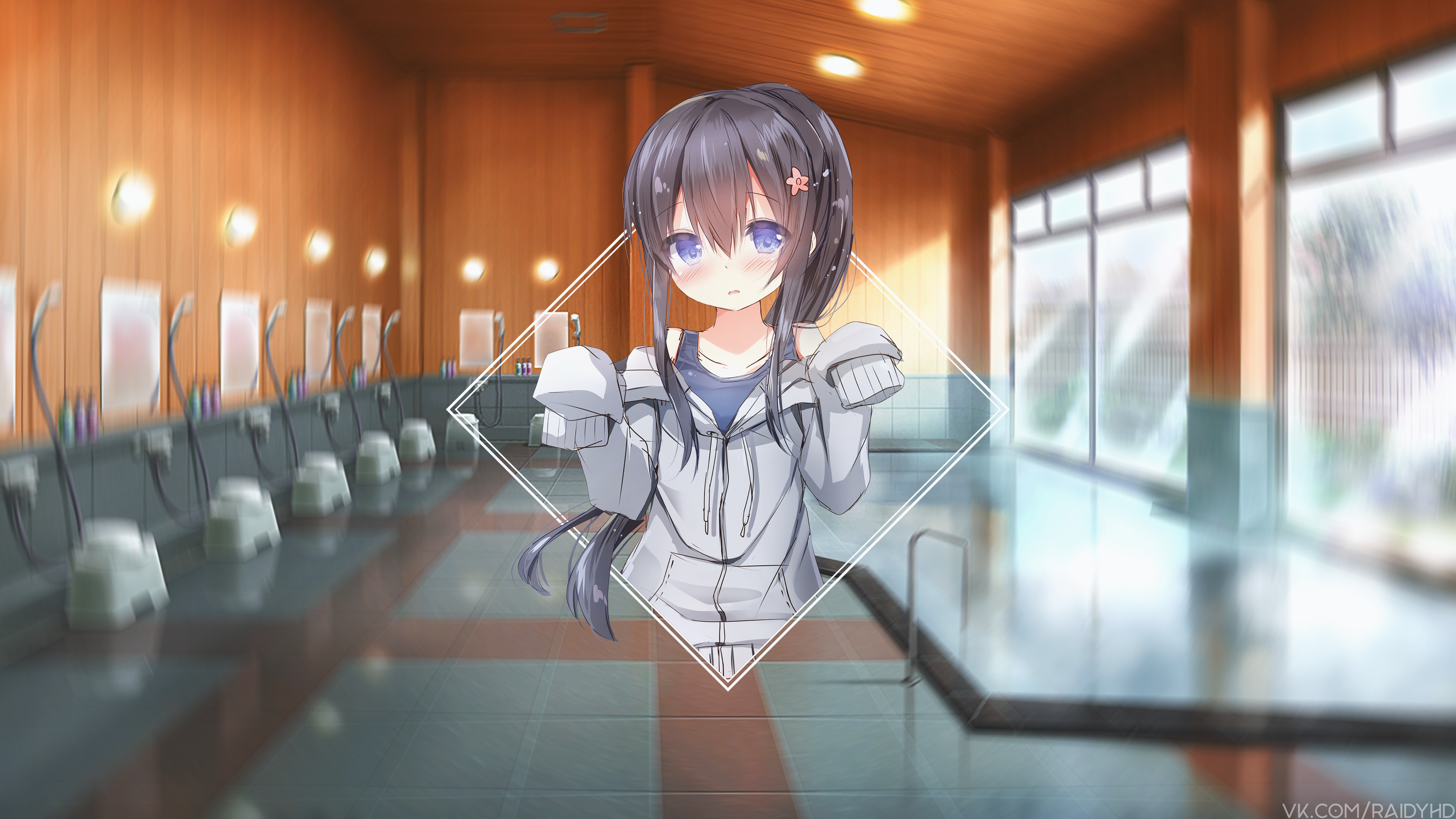 Anime girl in a hoodie in a locker room HD Wallpaper