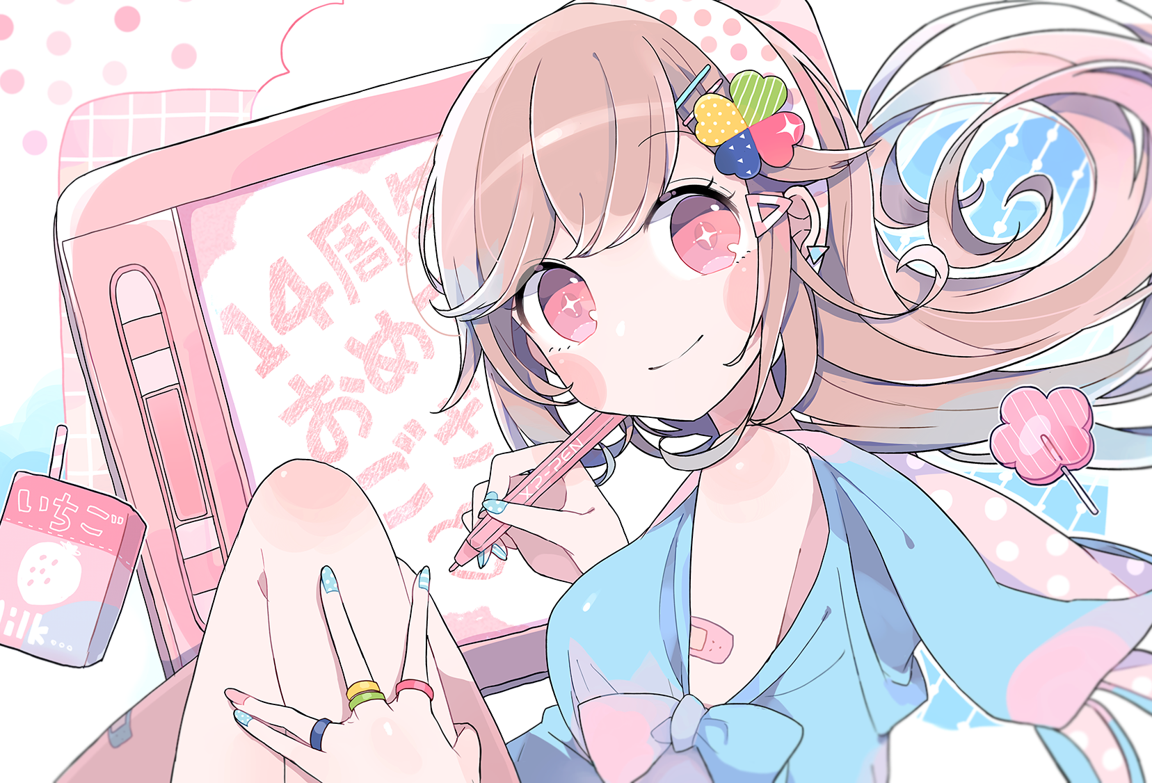 Anime girl drawing on a tablet with candy and milk HD Wallpaper