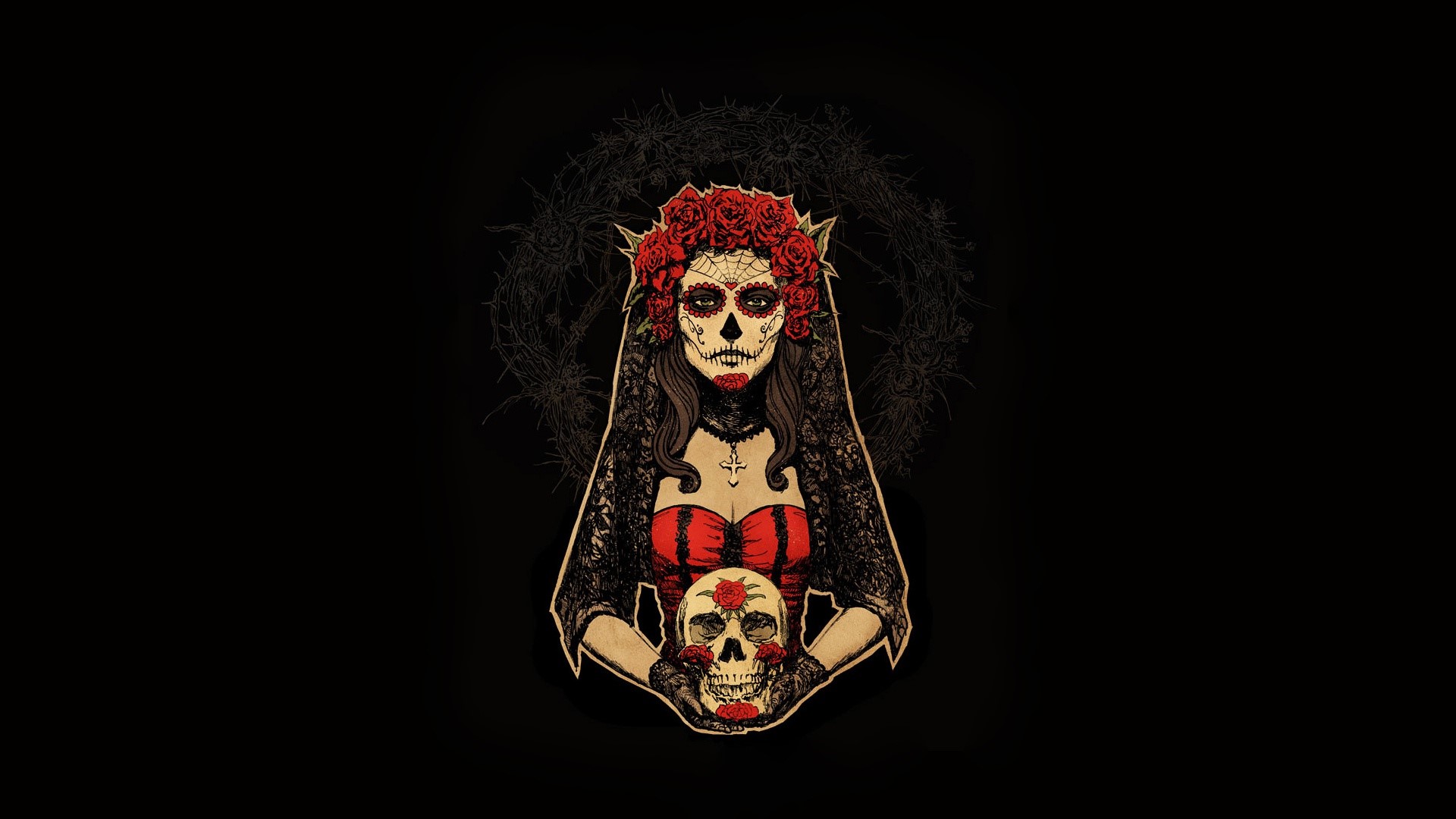 Woman with skull makeup and roses HD Wallpaper