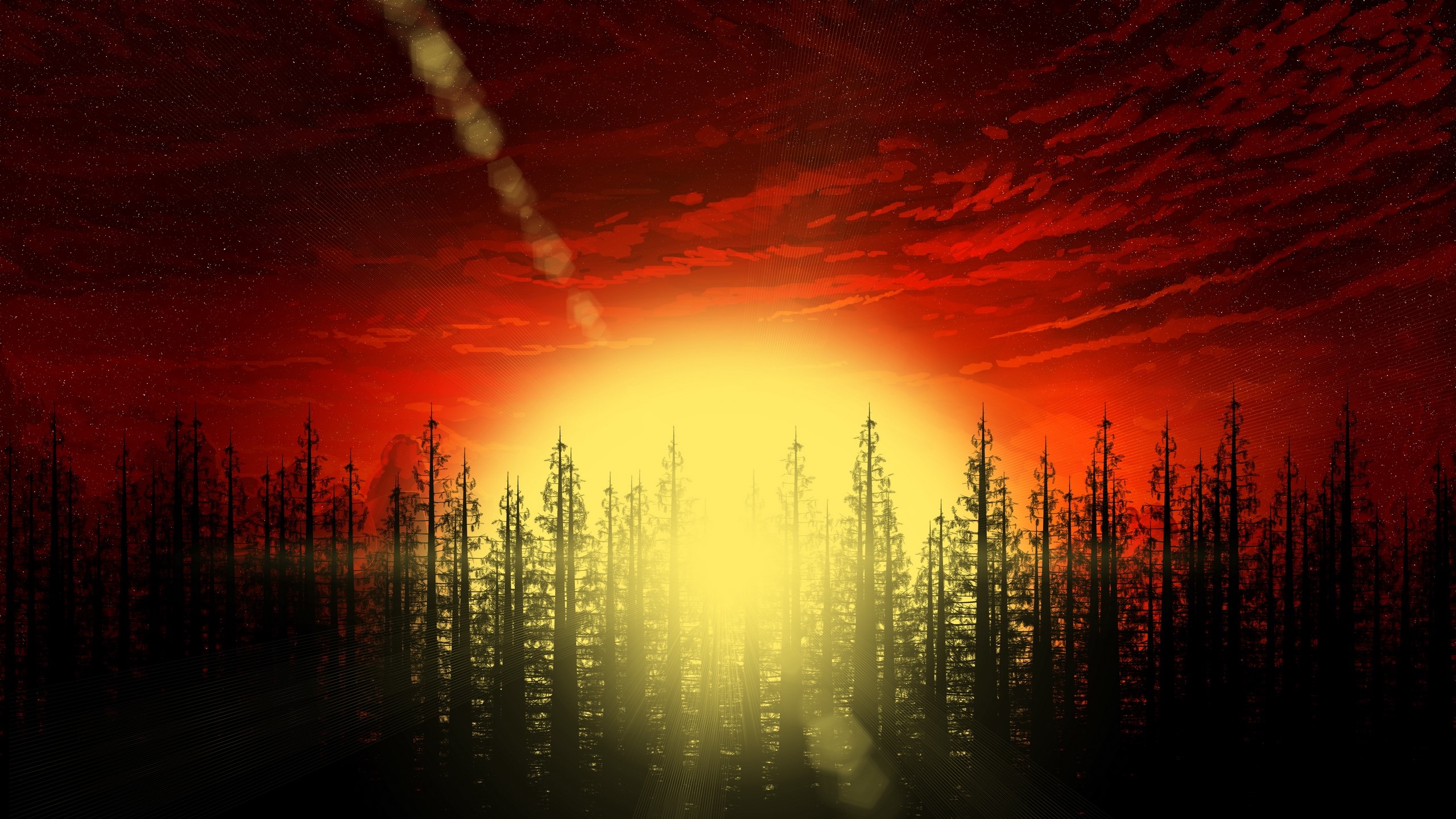 Digital art of a sunset over a forest with stars HD Wallpaper