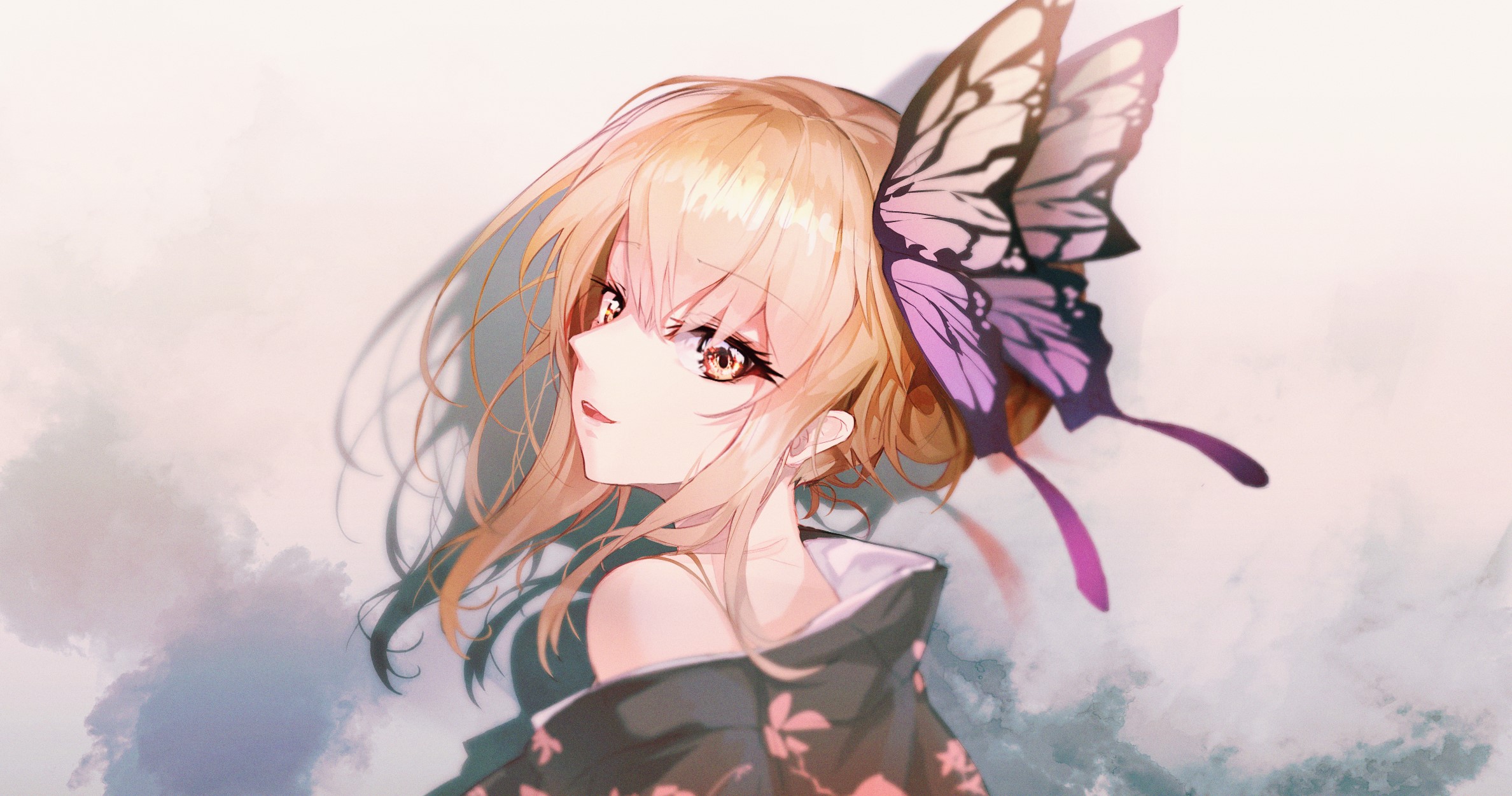 Anime girl with butterfly wings and kimono HD Wallpaper