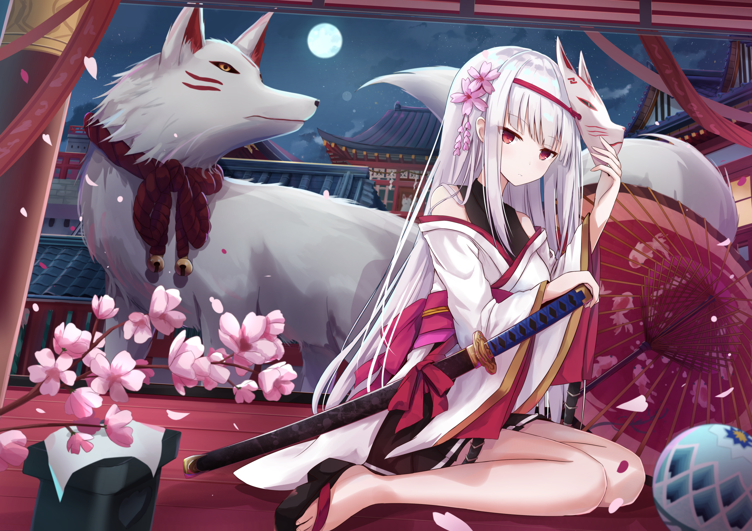 Anime girl with fox mask and spirit fox HD Wallpaper