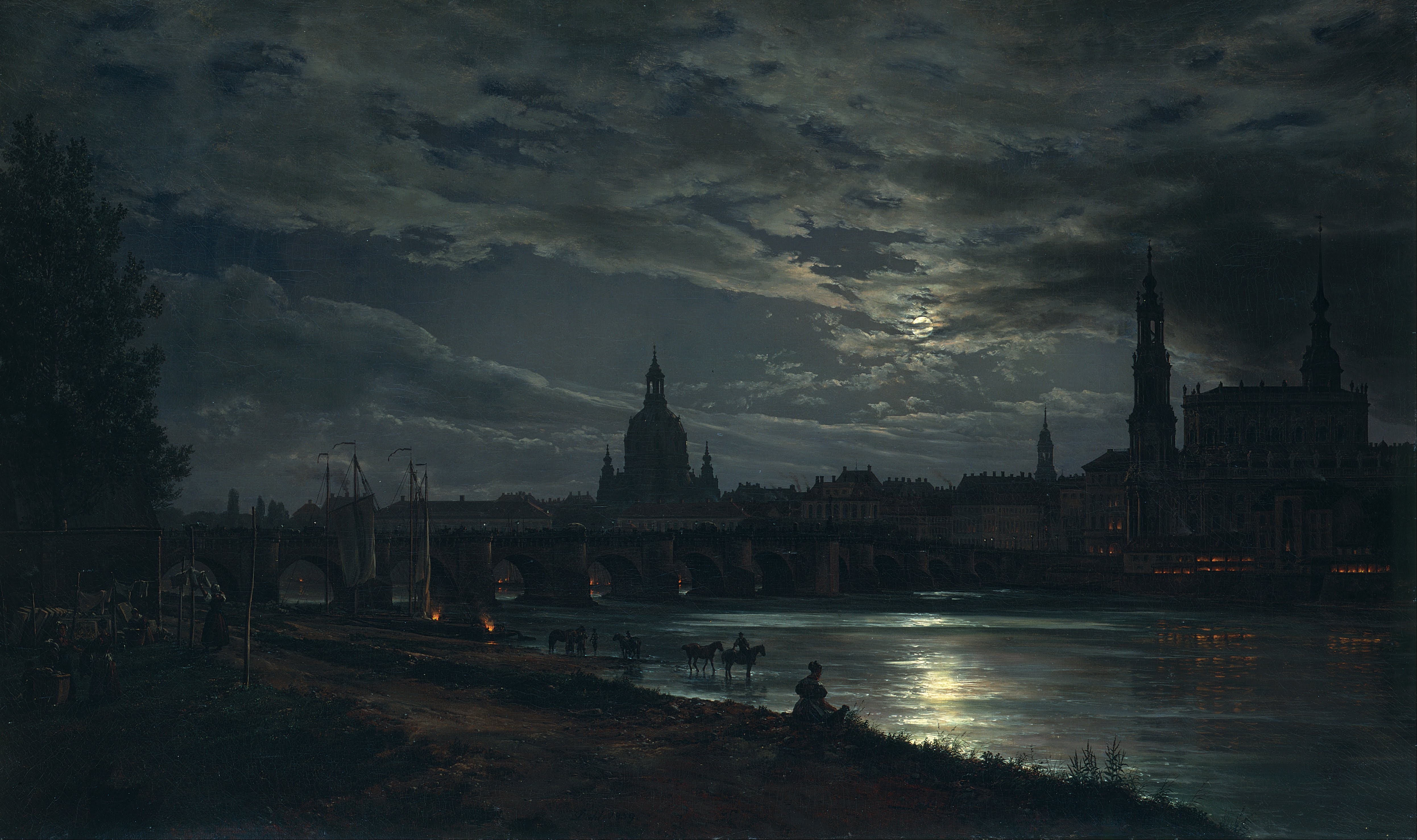4K Night Scene of Dresden by Johan Christian Clausen Dahl HD Wallpaper