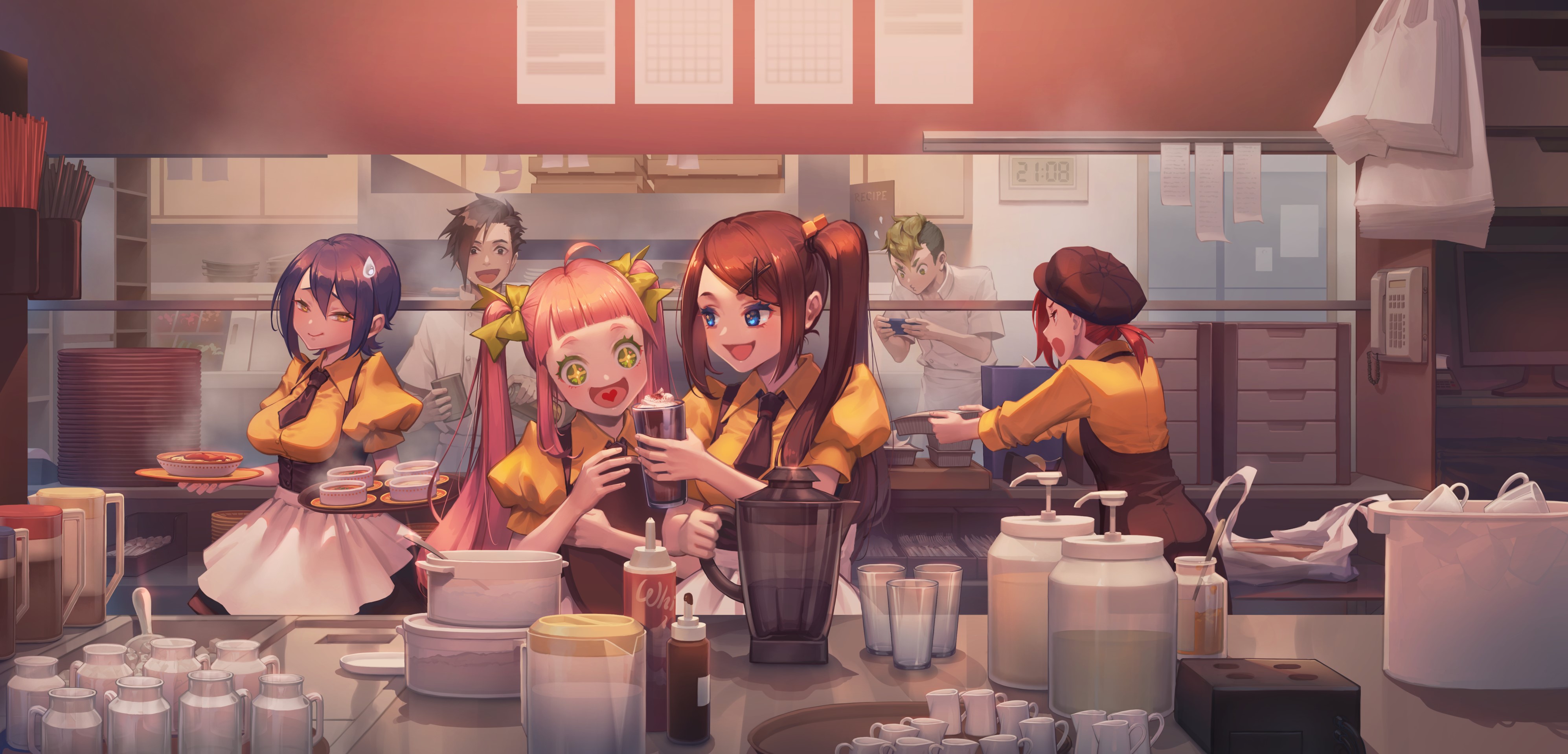 Anime characters working in a cafe HD Wallpaper