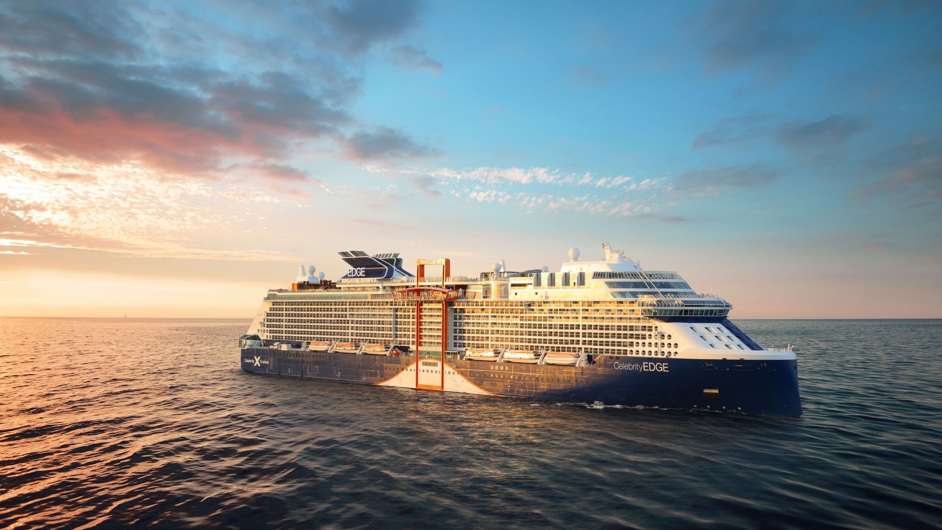 Celebrity Edge cruise ship sailing at sunset HD Wallpaper