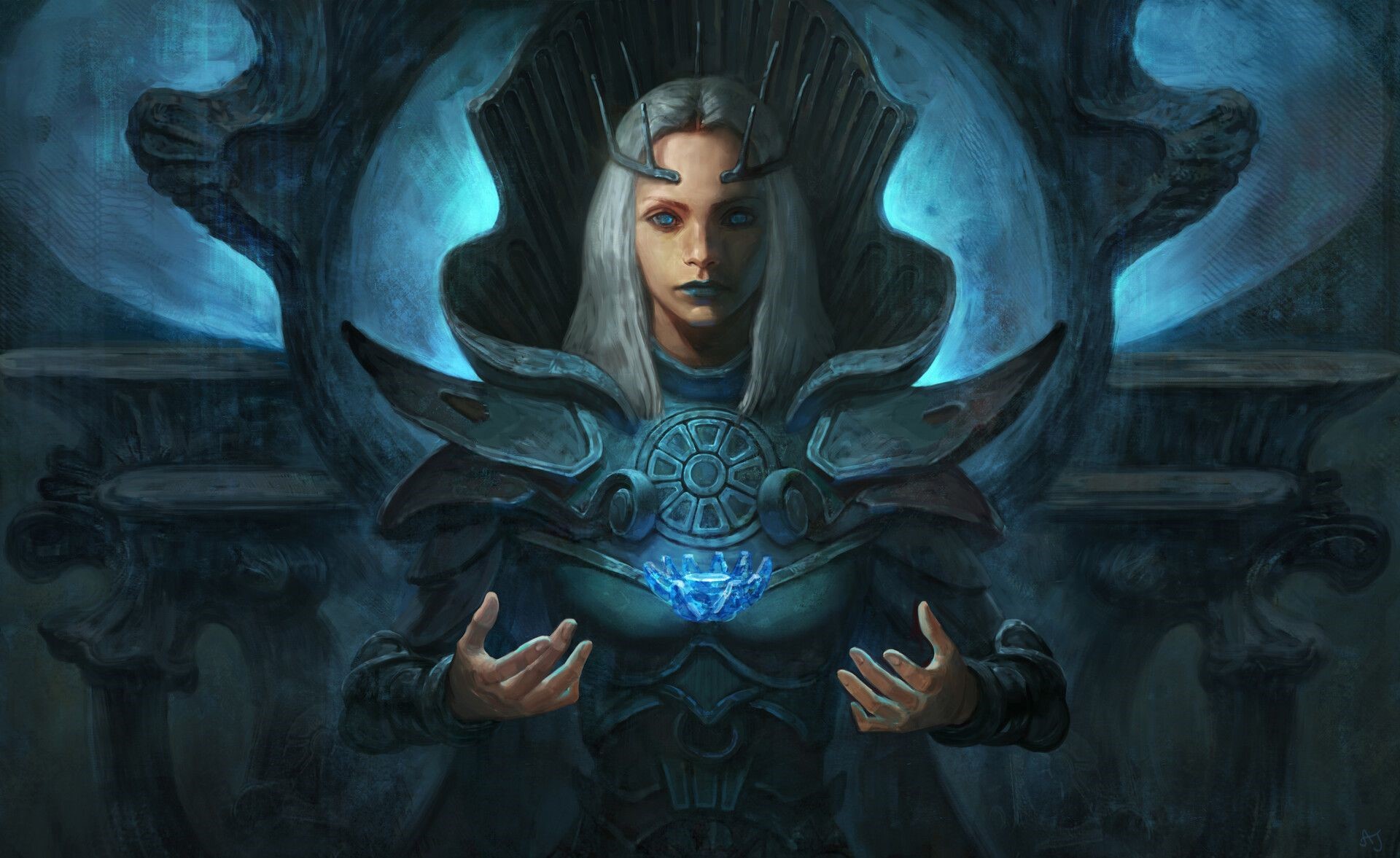 Fantasy art of a woman with white hair and blue eyes HD Wallpaper