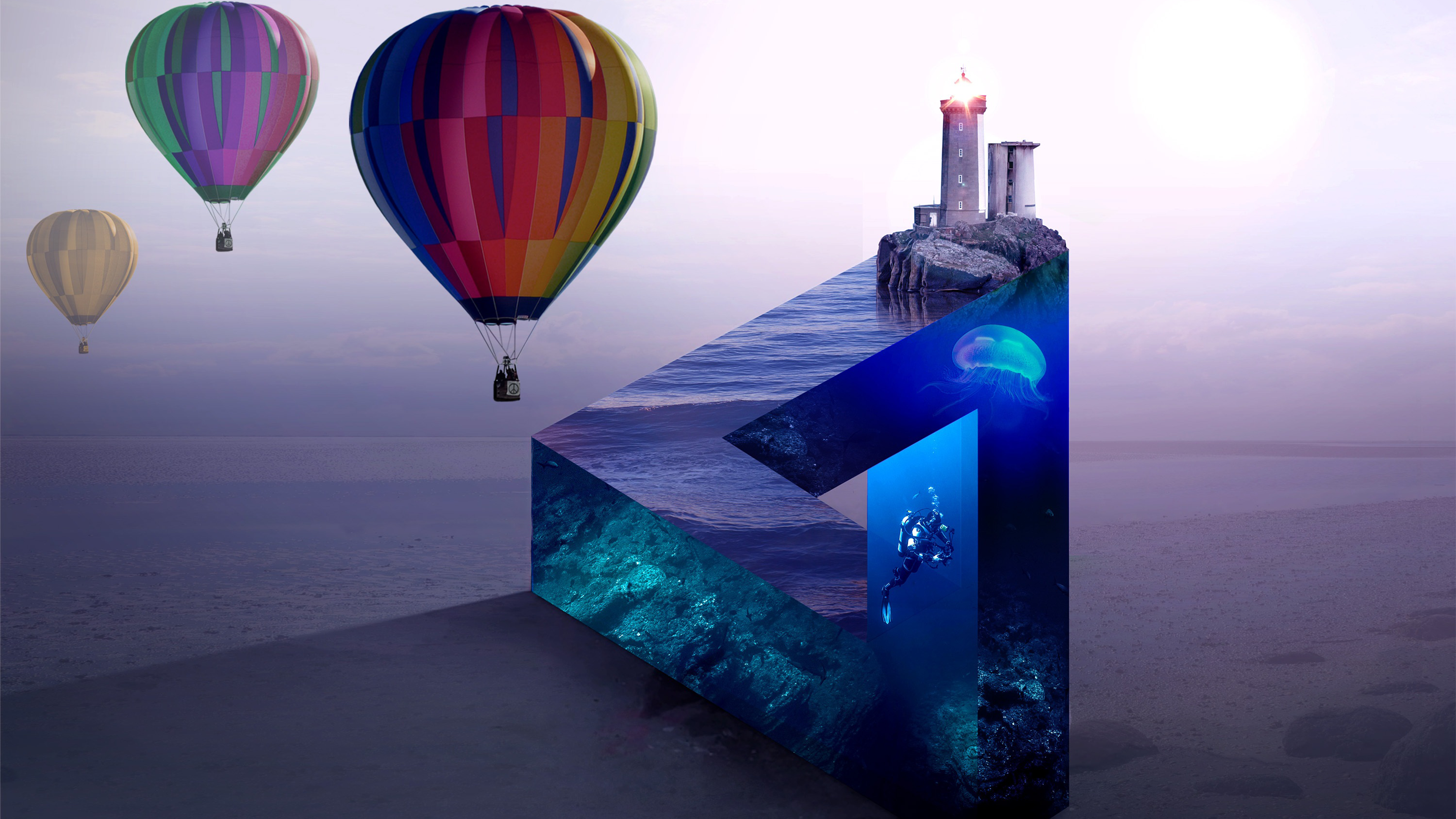 Photo manipulation with hot air balloons and underwater scene HD Wallpaper
