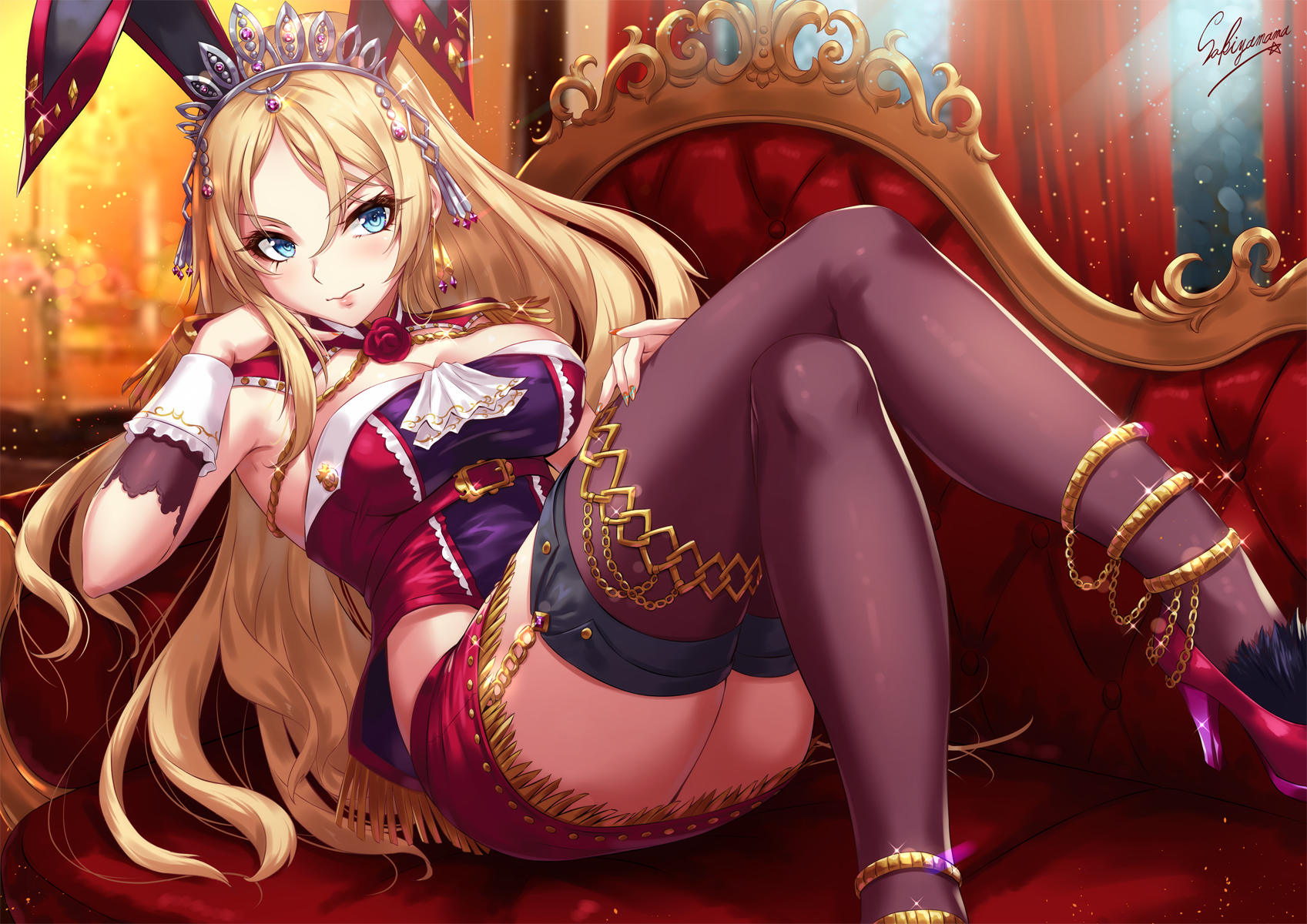Anime girl with bunny ears on a red throne HD Wallpaper