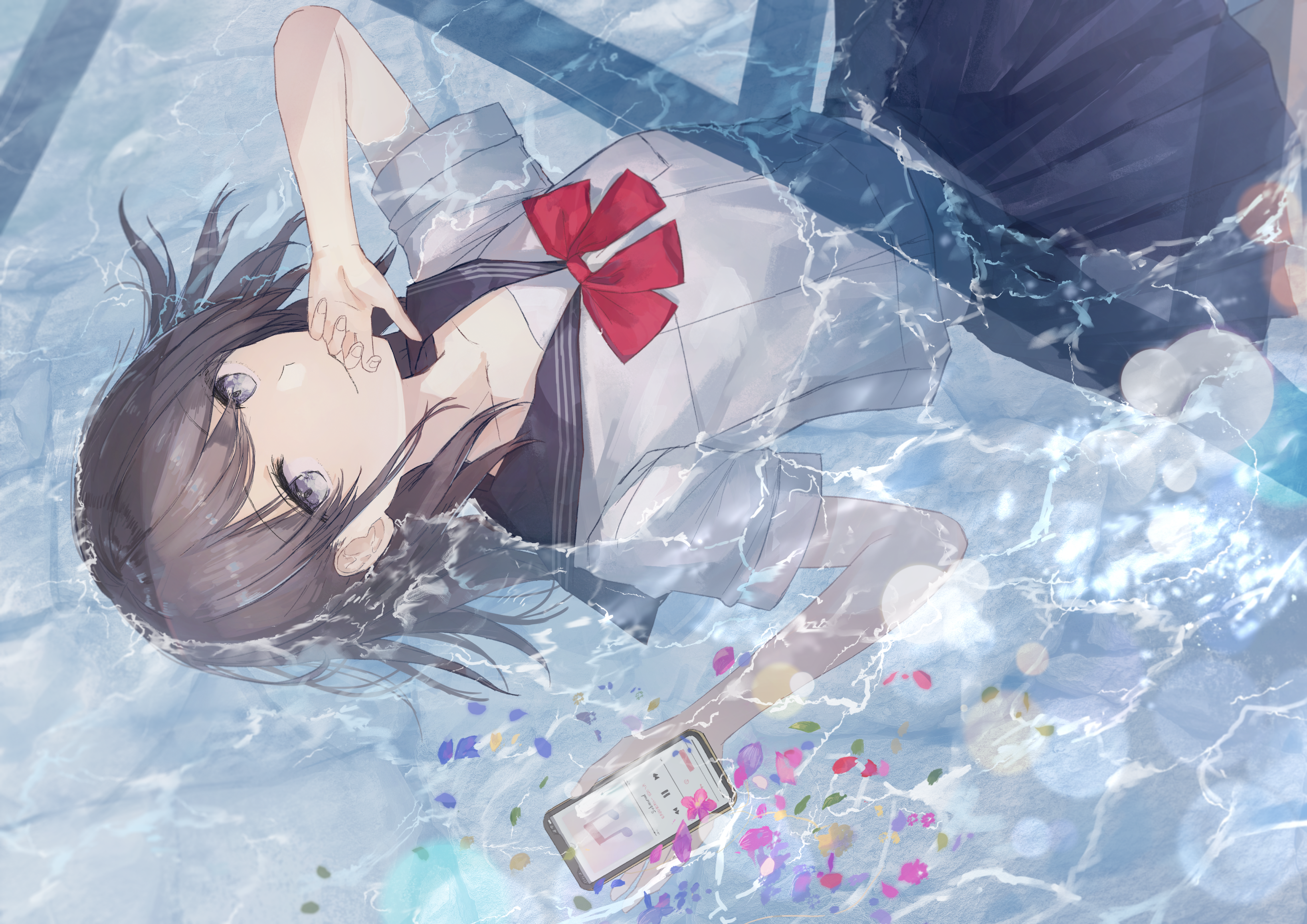 Anime girl in school uniform floating in water with phone HD Wallpaper
