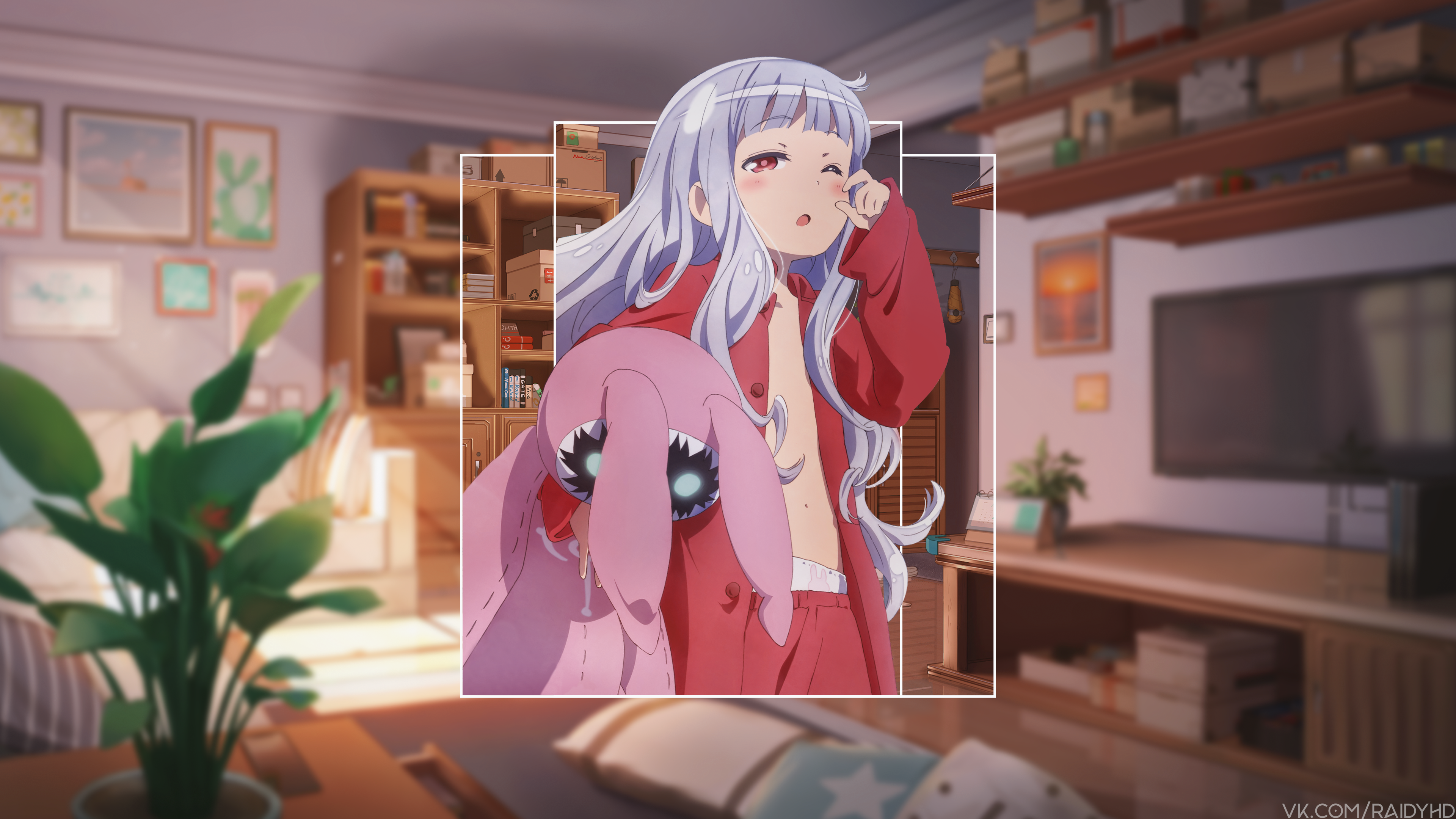 Anime girl with plush toy in living room HD Wallpaper